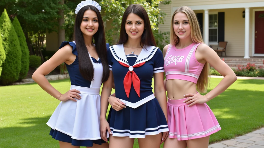 ((high resolution)), ((pale skin)), group of freckled, brunette ((11 year old)) girls, with blue eyes, blushing cheeks, wavy hair, smiling, large breasts, dressed as french maids, bare breasts