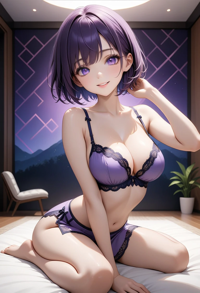 (realistic: 1.4), highest quality, very delicate and beautiful, High resolution, masterpiece, highest quality, 1girl, purple eyes, purple hair, fluffy bob cut, light, (abs:1.5), (muscular:1.3),