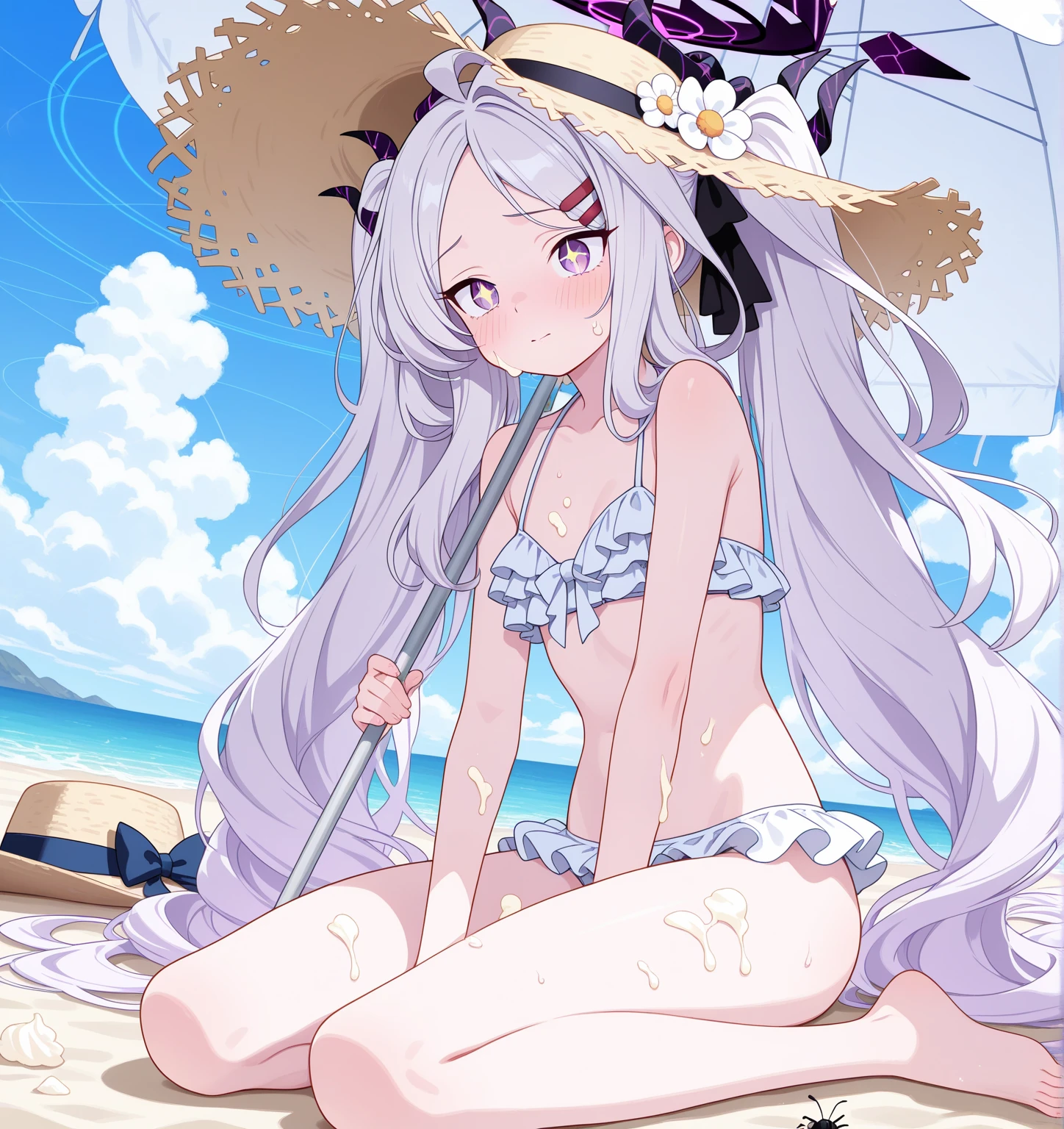 1 girl, best quality, absurdres, fair skin, cute face, light silver hair, violet eyes, starry eyes, long straight hair, blunt bangs, large breasts, white micro bikini, white thong, beach