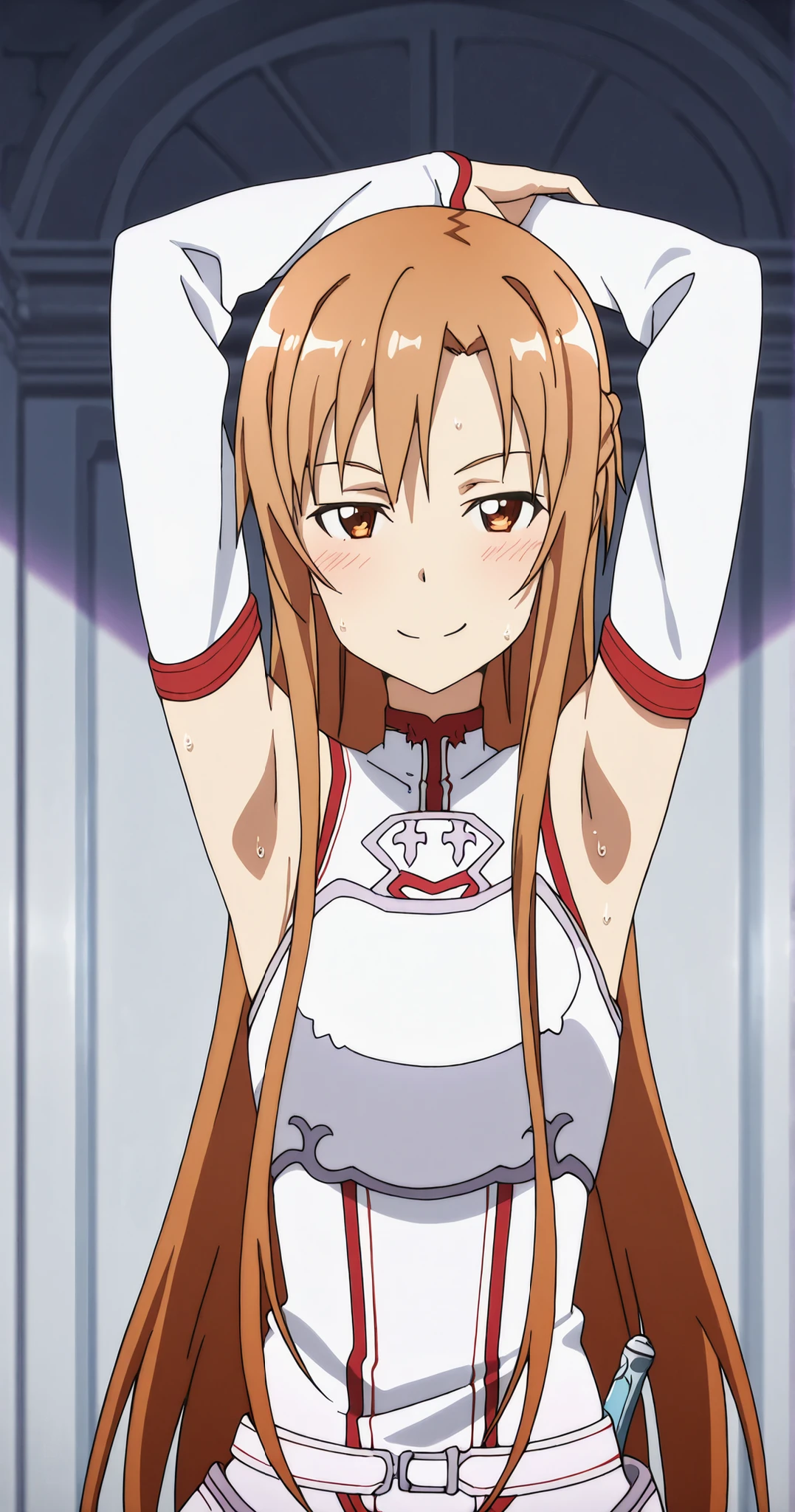 masterpiece, best quality, amazing quality, anime screencap, anime coloring, 1girl, solo, Yuuki Asuna, Yuuki Asuna SAO costume, White Armor, White breastplate, White isolated sleeve, (character), long hair, detached sleeves, bare shoulders, arms up, both raised arms bent behind her head, hand on elbow, armpit, showing armpit, sweaty, head turned to look at viewer, looking at viewer, bright smile, enjoying, beckoning, confident smirk, femdom stare, slight blush, white interior mansion background, armpit shadow, shadow in armpit crease, stuffy,