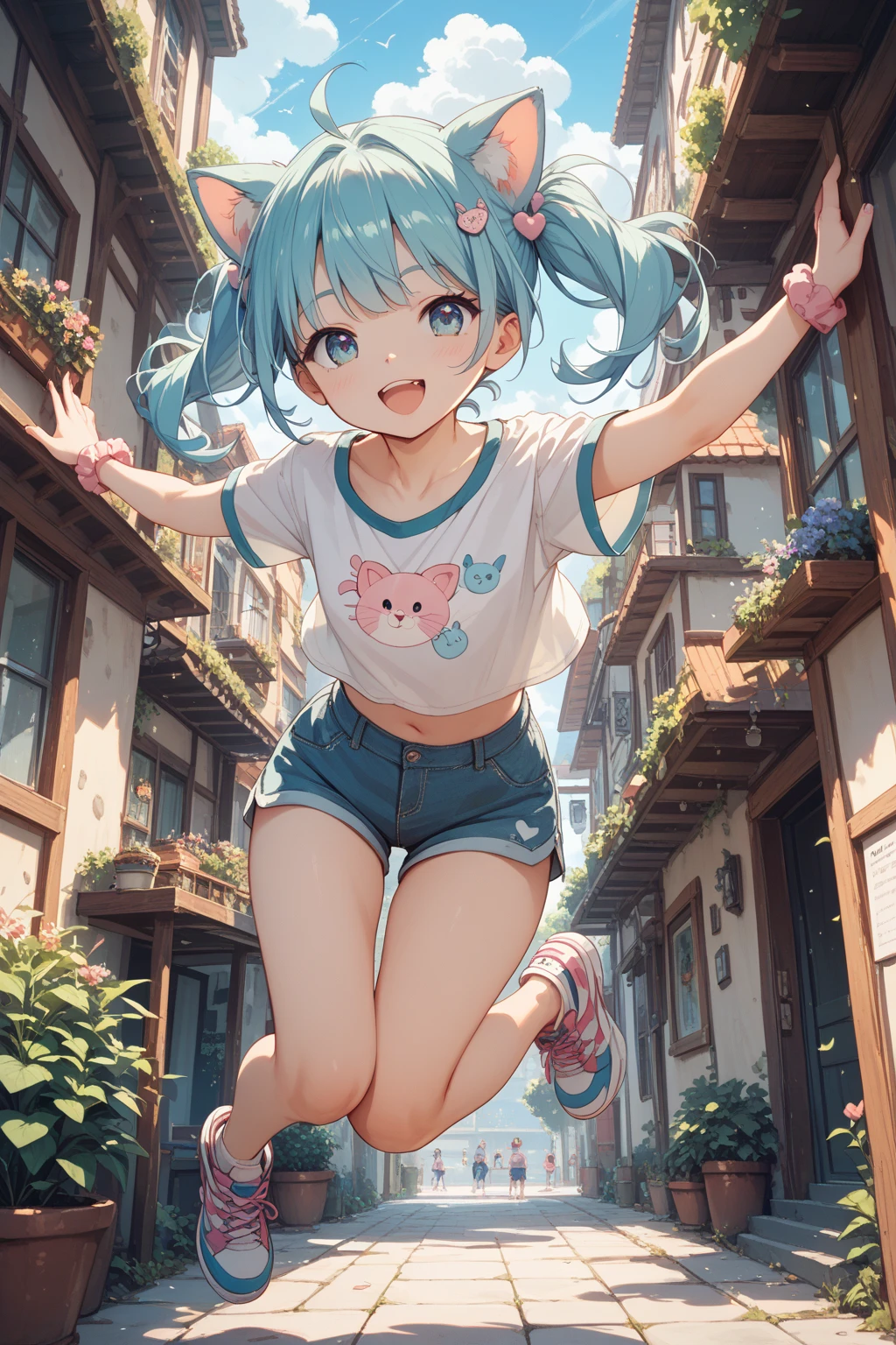 masterpiece, beautiful, 4k, detailed, intricate details, , shota, overalls, jean overalls, cuffed overall, long ponytail turquoise hair, ((??turquoise hair)), (((red eyes)), smile, slight smile, 1boy, young delicate prince, shirtless, overalls over skin, bare shoulders, bare sleeves, bare arms, facing forward, side cut, torso shown, leaning forward, flat chest,(nsfw:0.55), ((flat chested, flat stomach, baby face)), (intense colors)