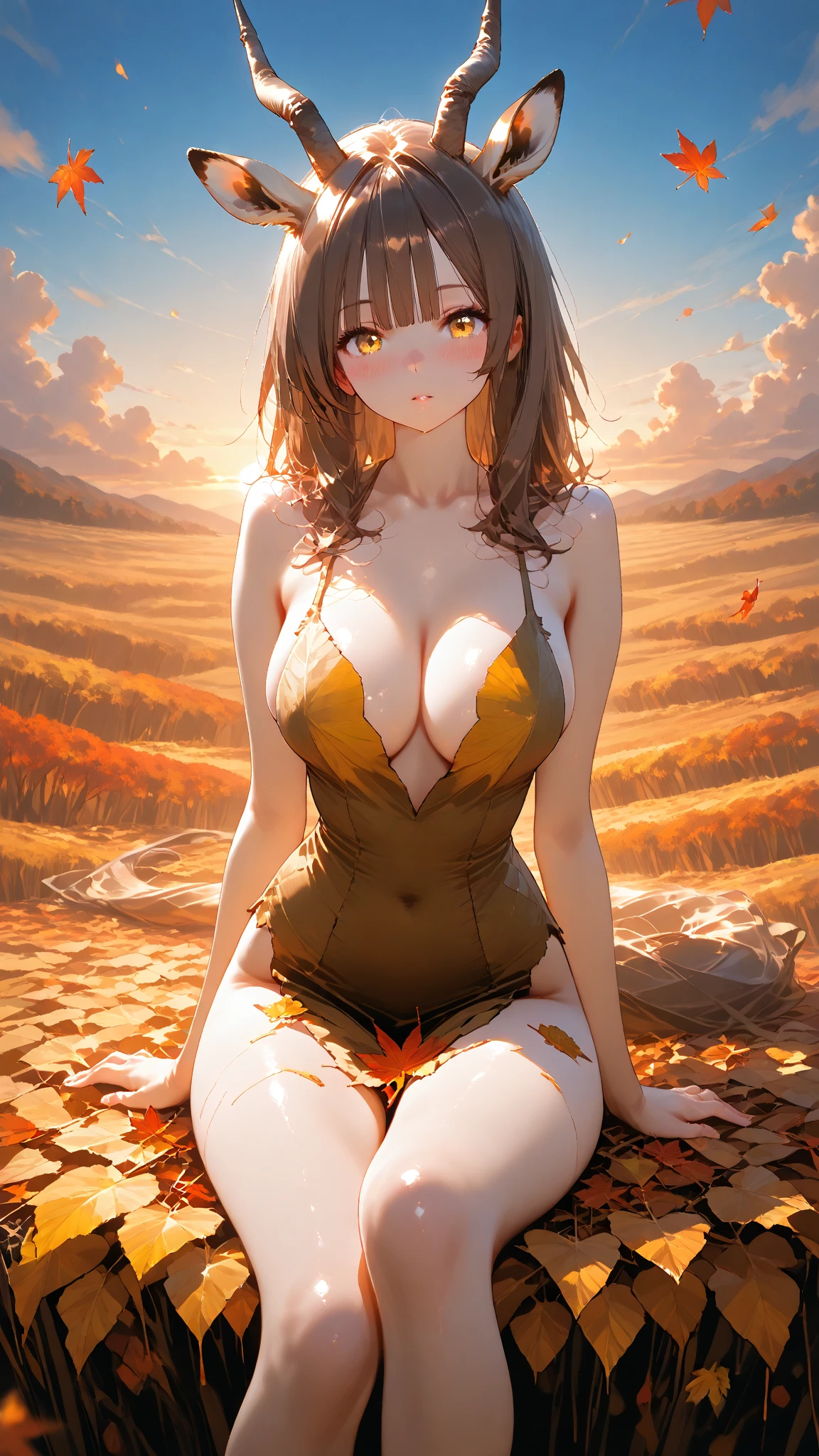 long dark hair / big tits / brown eye /  lying  on the grass   . sexy pose . sunset
