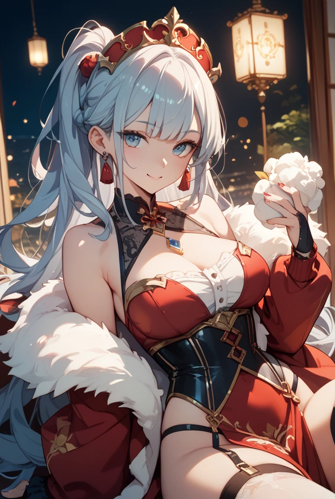 ((fondling own breasts)), ((Surprised)), (Red Face), 1女の子の接写, elvish, silver hair,, Red eyes, Braided hair, bob cuts, Fantasy style costumes, Robe, Camisole, Long Skirt, ruffles, inside room, Mirror, Gender Change, Concept art, beautiful anime scene, beautiful anime scenery, The Highest Quality, master masterpiece, 4K