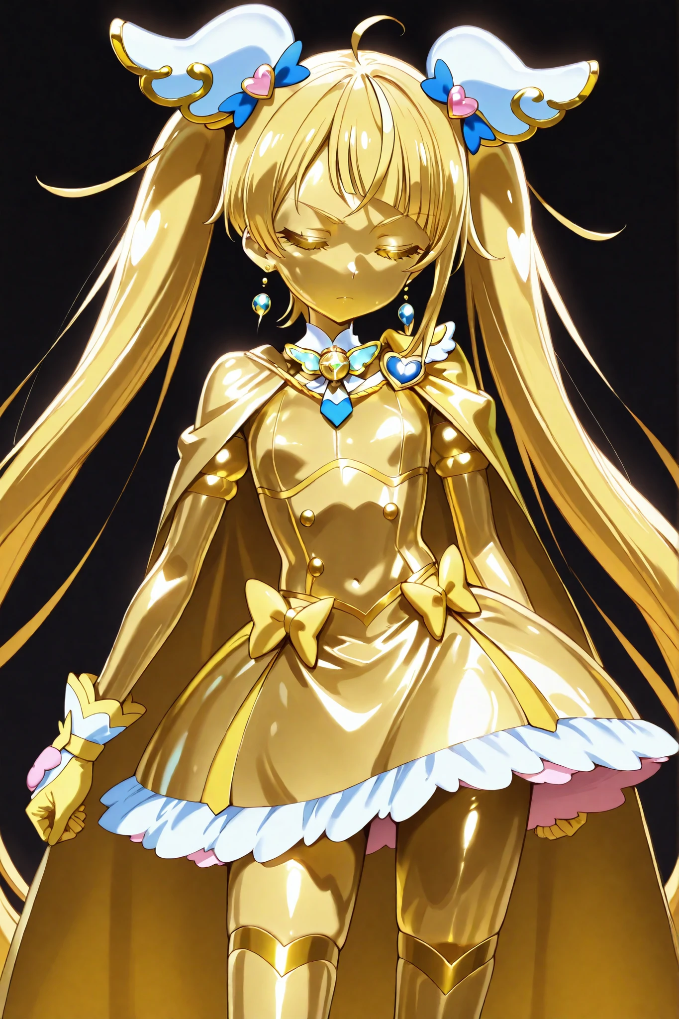 Cure Sky, masterpiece, best quality, Newest, very high resolution, closed eyes, yellow hair,  yellow sclera, closed mouth, No students, Yellow skin, glossy skin,  metal skin, Black eyebrows, Slanted eyebrows, 1girl, solo, Cowboy Shot, standing, dynamic on the background, watching viewers, sleeping, Serious Expression, black background, Hands on Her Hips, Gold_butterfly hair ornament, Long Hair, Gold_Knee Socks, 太ももまで長いKnee Socks, Magical Girl, Gold_skirt,  under skirt, hair ornament, Gold_gem, Gold_gloves, Gold_Twin Tails, Gold_ribbon, golden hair ornament, Gold_cloak, metallic outfit, Everything you wear on your body is gold