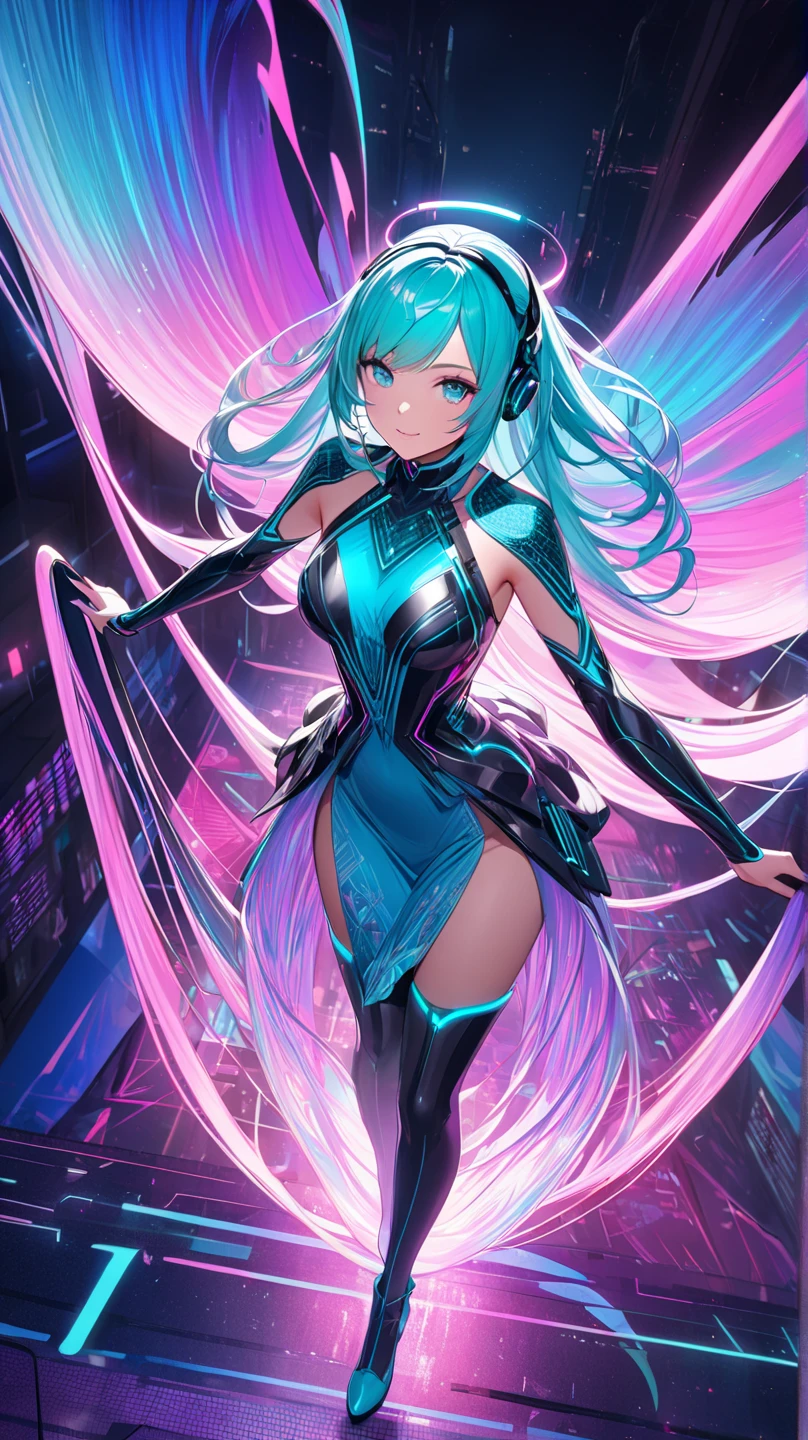 neon_outlines, close up, classy woman in a long evening dress, upscale gala event   beautiful girl angel, blue hair neon_outlines,
