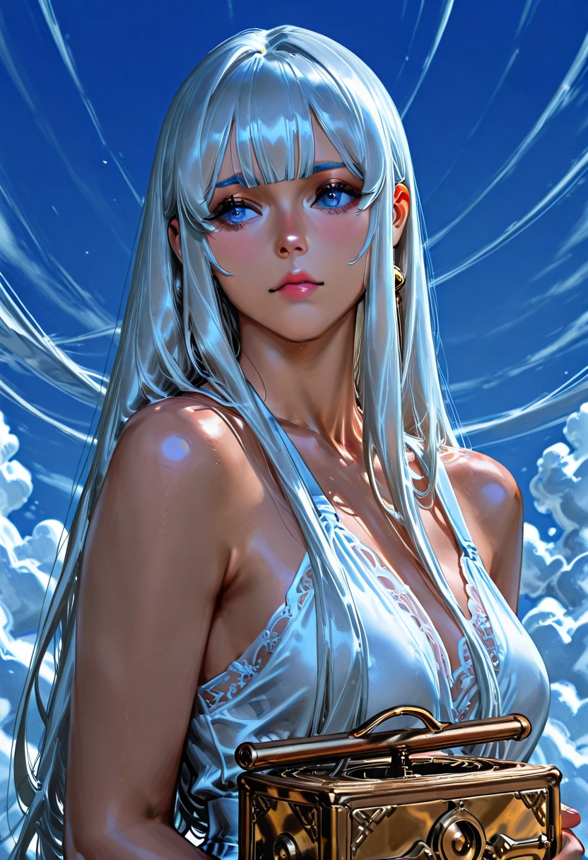 a beautiful woman with long white hair, standing on a sandy beach by the ocean, serene expression, cinematic lighting, highly detailed, oil painting, vibrant colors, dramatic atmosphere, photorealistic, (best quality,4k,8k,highres,masterpiece:1.2),ultra-detailed,(realistic,photorealistic,photo-realistic:1.37),beautiful detailed eyes,beautiful detailed lips,extremely detailed eyes and face,longeyelashes