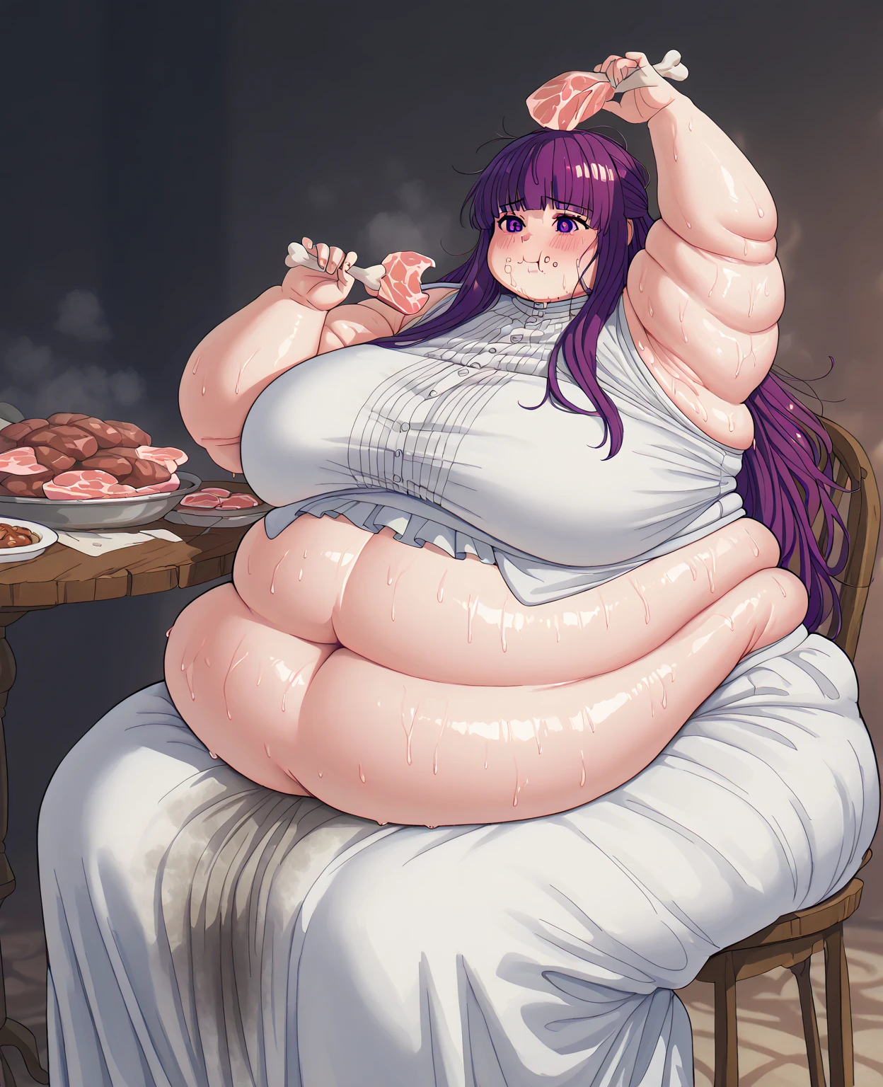 march 7th from honkai star rail, fat, big belly, obese, pregnant, fat stomach, eating ice cream, table with food, very fat