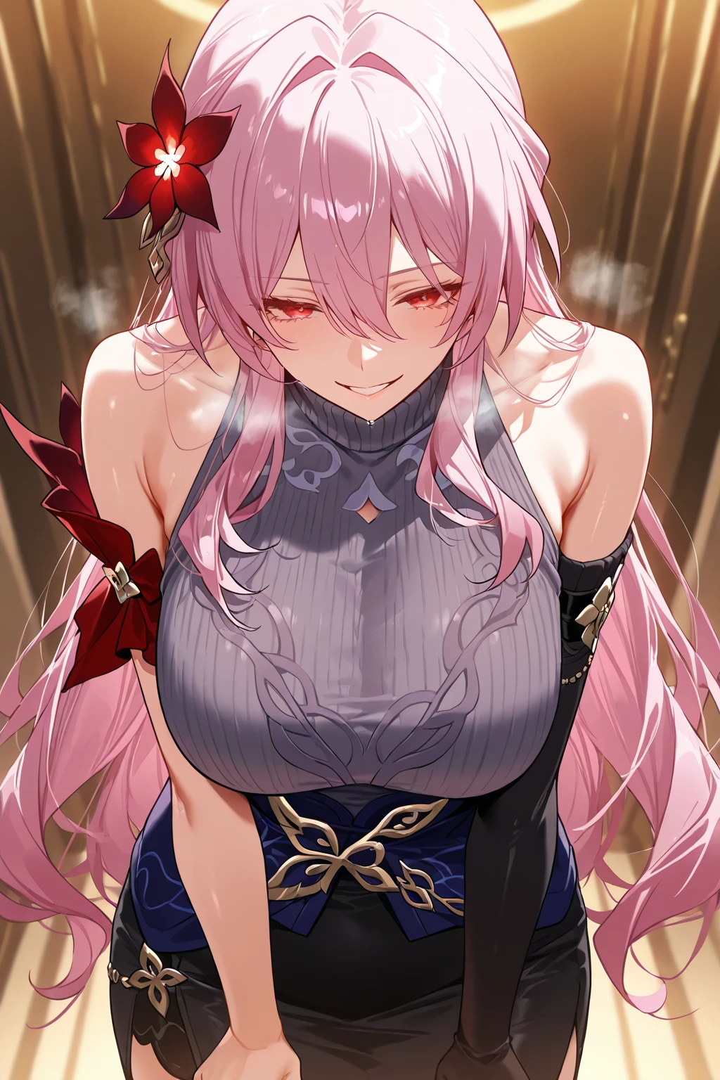 1girl,super huge breasts, pink hair,golden eyes,staring coldly,long hair, body curves, (best quality,4k,highres,masterpiece:1.2),ultra-detailed, dramatic lighting,vibrant colors,cinematic, hu tao outfit, sweaty armpits, bright skin