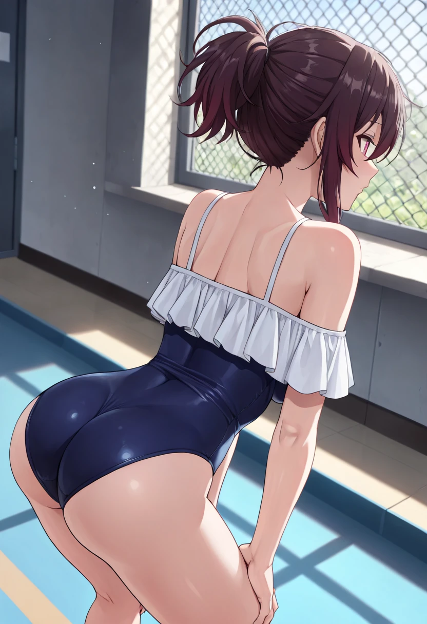 ((masuter piece　Top image quality　top-quality)) ((30 years old beautiful))　((lower back)) (yellow erotic swimsuit) Wheat-toned skin　from below looking up　Sunny poolside