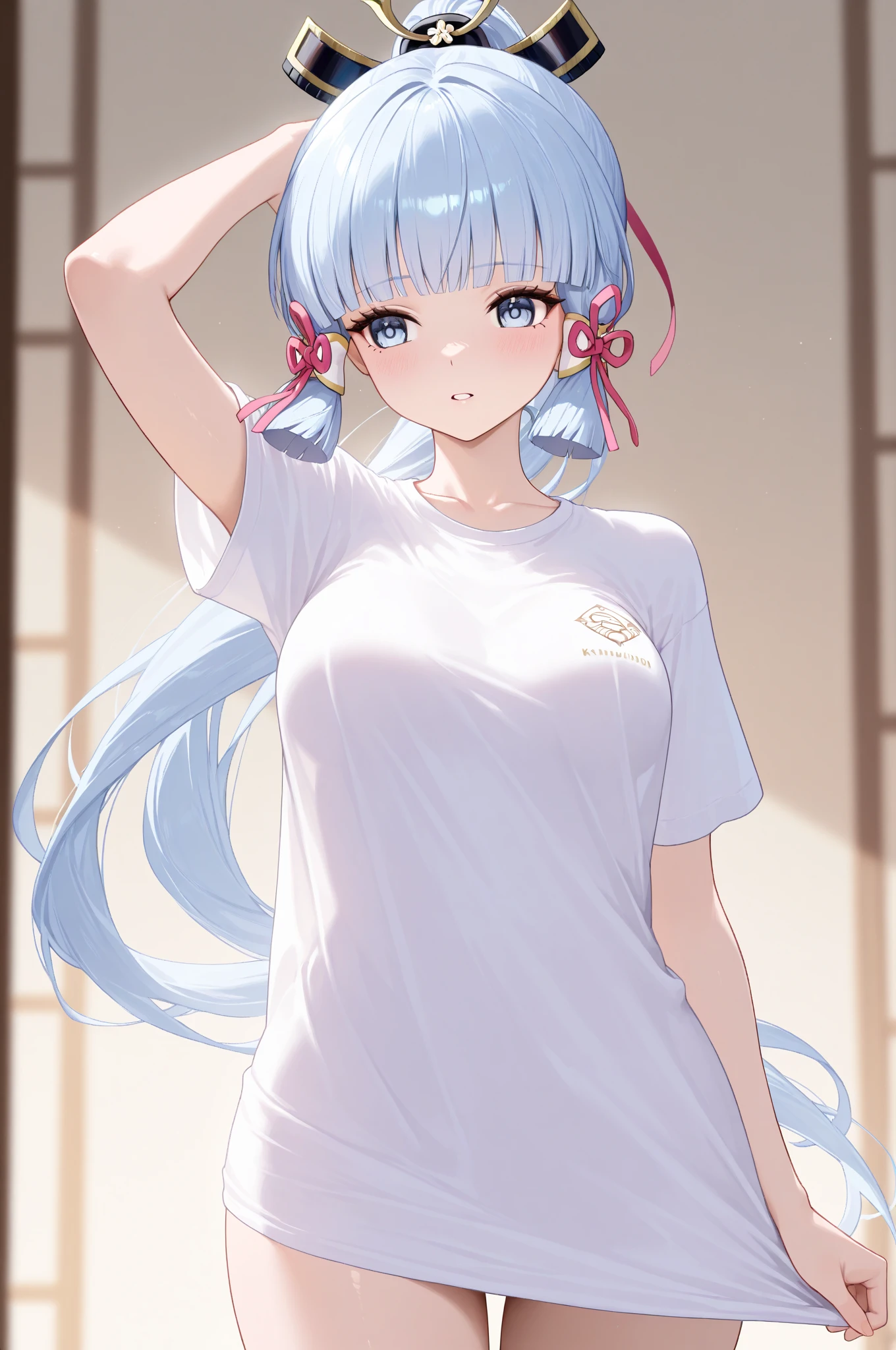 (masterpiece, best quality, ultra-detailed, illustration),genshin impact, kamisato, 1girl,solo,ayaka hair ornament,cowboy shot,ponytail, blunt bangs,blue eyes, smile, closed mouth, eyebrows visible through hair, long hair, silver hair, looking at viewer, indoors,medium breasts,shirt, skirt,
