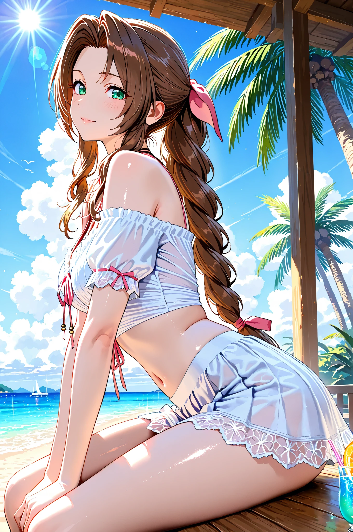 Reimu Hakurei, (Brown eyes:1.5), Brown Hair, bow, hair bow, Hair Tube, Long Hair, red bow, Side Lock,Bed、
Blake Ascot, (((Cute white bra、Cute white panties)))、sit、(((Backwards、look back、Sticking out your ass)))、Low - Angle、
BREAK Watch Viewers,blush、Surprise face、
Outdoor rest, shrine,Cowboy Shot,Smile Break (masterpiece:1.2), Highest quality, High resolution, unity 8k wallpaper, (figure:0.8), (Beautiful attention to detail), Highly detailed face, Perfect lighting, Highly detailed CG, (Perfect hands, Perfect Anatomy),Dynamic pose,