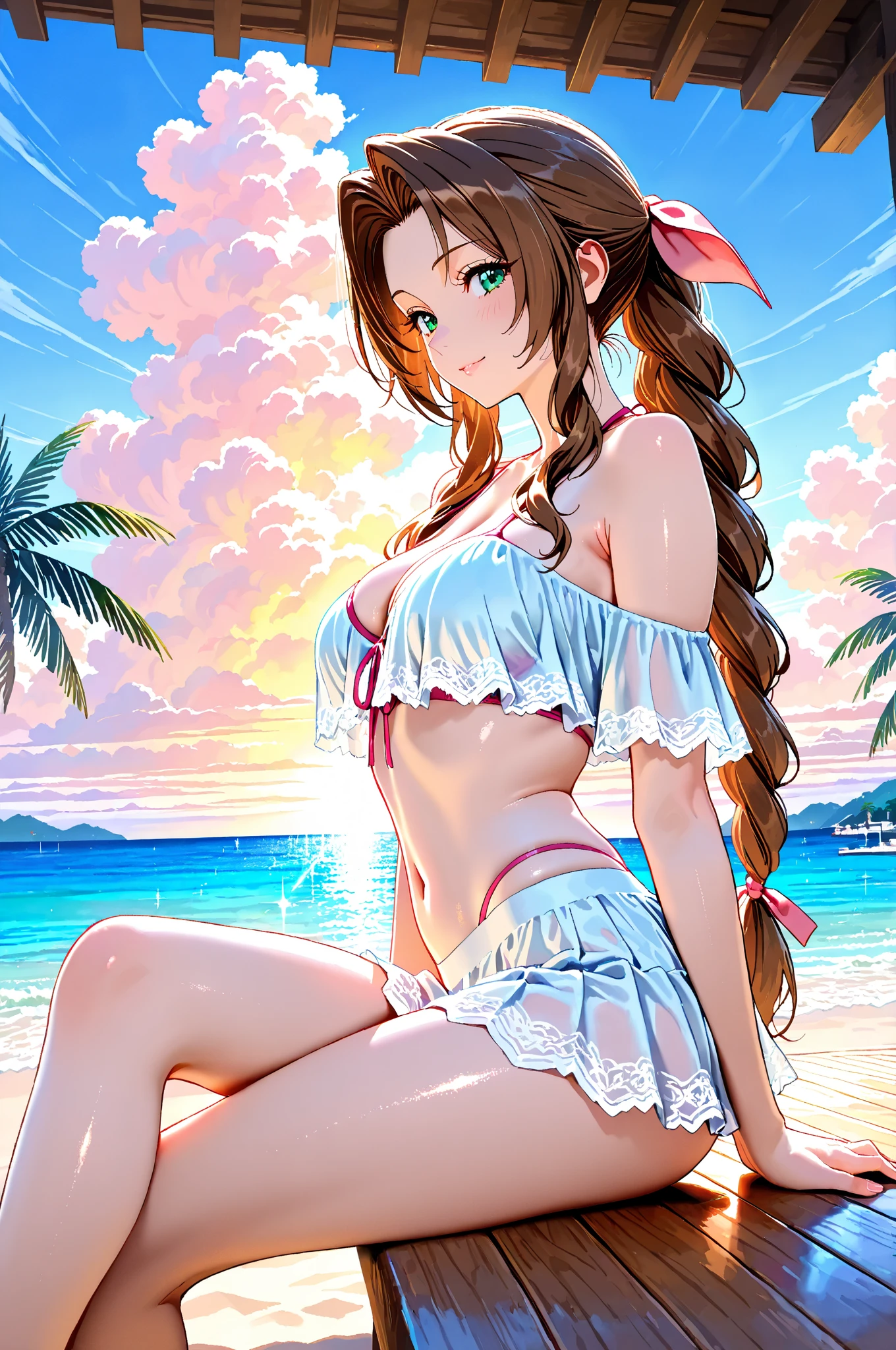 (masterpiece, best quality:1.2), solo, 1girl, raphtalia, smile, looking at viewer, hair flower, blue bikini, sarong, tail, beach <lora:shieldhero_raphtalia-10:0.9>