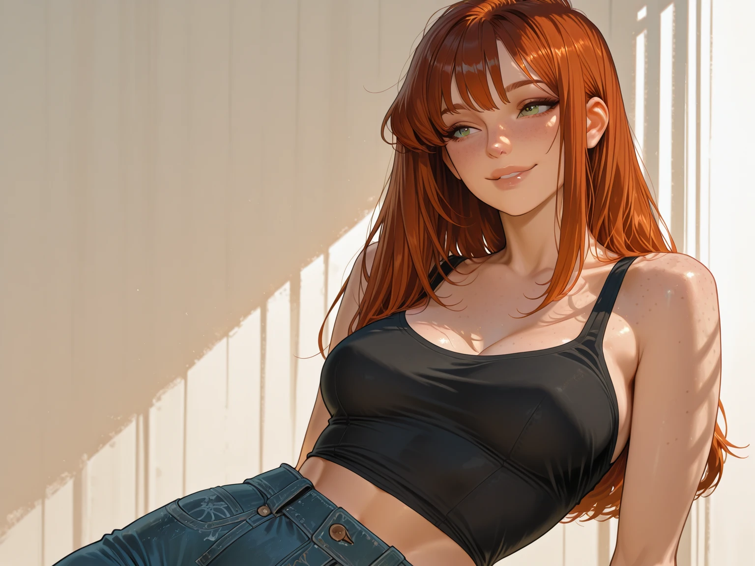 girl with red hair and green eyes wearing a black shirt, character in normal pose, Lola Bunny Fanart, cel - shaded art style, cell shaded animation, Anya from Spy X Family, cel shaded!!!, Shaded cel: 15, casual pose, has long orange-brown hair, red-haired girl, fanart girl, naked