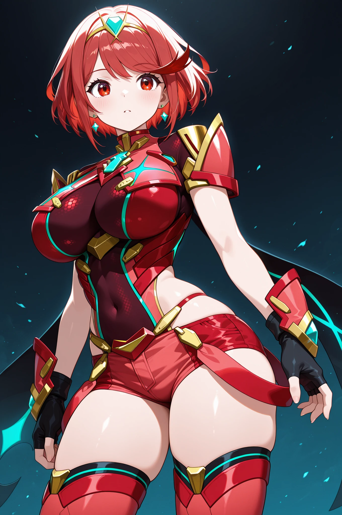 pyra \(xenoblade\), teen_1girl, armor, bangs, black gloves, breasts, red eyes, closed mouth, earrings, eyelashes, fingerless gloves, floating hair, framed breasts, gem, gloves, hair ornament, headpiece, jewelry, big_breasts, leaning back, leotard, neon trim, official art, pose, red hair, red shorts, saitou masatsugu, short hair, short shorts, short sleeves, shorts, sidelocks, skin tight, solo, standing, swept bangs, thighhighs, tiara, night_prairie_background, turtleneck, underbust, vambraces, xenoblade chronicles \(series\), (xenoblade chronicles 2), apart_legs, fire_effect,dynamic_pose_fighting,light_smile, (plump:1.1), big_ass,huge_sword, hold_large_sword_hilt, solo, covered_nipples, covered_pussy,open_mouth,