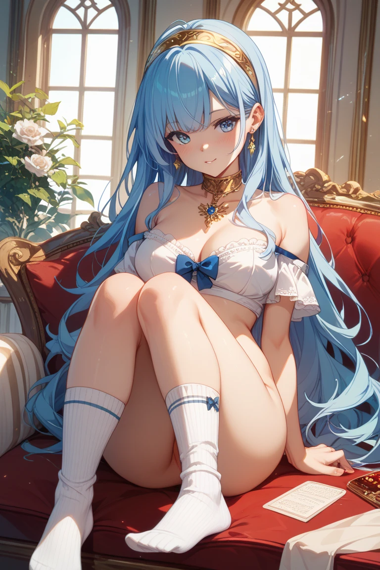 (miniature woman in front of a giantess breasts and face: 1.3), (miniature woman in front of a giantess looking down on them), (:3), (nipples), small breasts, big thighs, princess, princess bedroom closeup breasts and face, (from below view: 1.2), all fours, (small breasts), (giant furniture closeup), (indoors: 1.1), girls fantasy bedroom, (2girls: 1.5), (height difference: 1.3), (miniature woman: 1.5)