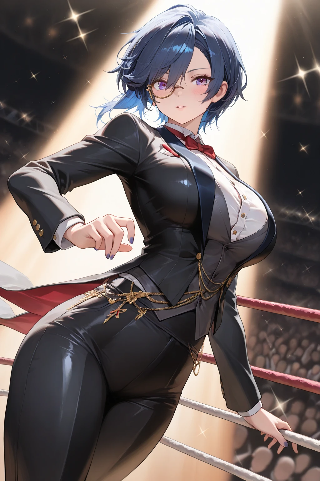 masterpiece, best quality, defShamir, collar, shoulder pad, black shirt, black gloves, bodice, green jacket, green belt, black pants, cowboy shot, large breasts, standing, looking at viewer, serious, from below, looking down, ((Tight leotard)), ((sexy fight pose)), ((Wrestling ring))