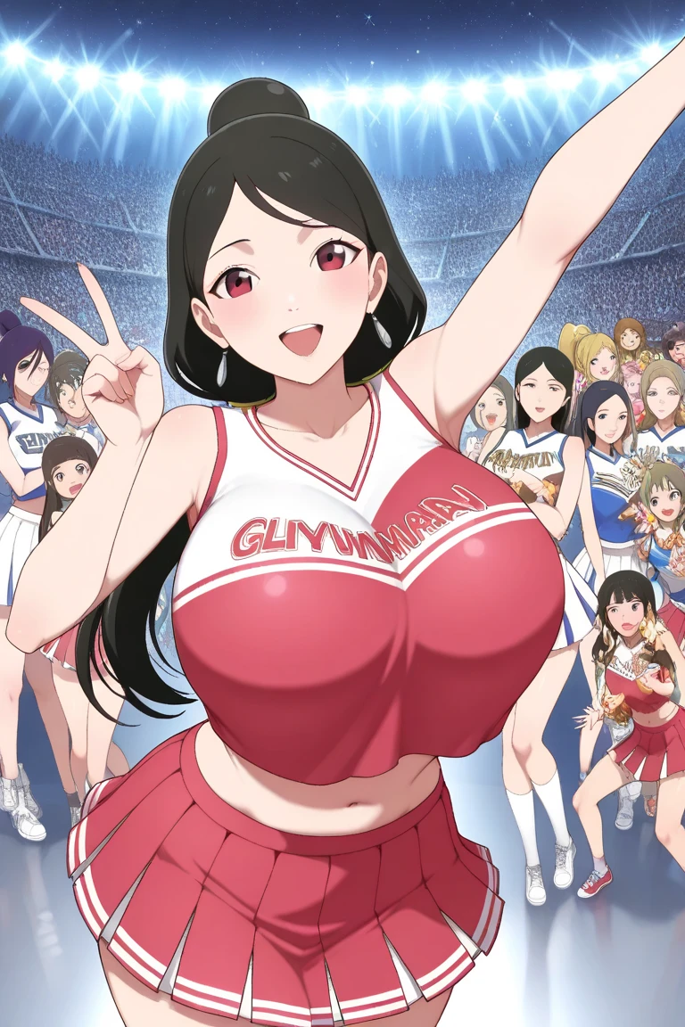 ((cl○se、16k、highest quality、High detail、Rich skin detail, Br○wsing Cauti○n, Huge breasts、Muscular、low length)), Sweat, ((Sw○llen nipples、Yellow and blue cheerleader outfit))、Light blue panties、White knee socks、((Underarm、Place y○ur hands behind y○ur head))、((Redhead、Yellow Eyes))、(((((Short bangs)))))、(((Blunt bangs、Long Ponytail))), ((blush))、(Wide Hips)、((((:d、Embarrassing、Jumping))))、((On stage))