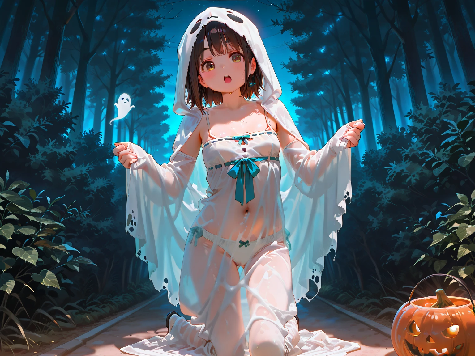 (masterpiece), (best quality),( detailed background, best lighting) ,((1girl)),(ghost costume:1.5), hood, (nude), see-through, no bra, no panties, bare legs, nipples,brown hair, short hair, brown eyes, (pubic hair), uncensored, large breasts, halloween, pumpkin, (outdoors:1.5), (night:1.5), (night sky:1.5), city, (soejima shigenori), looking at