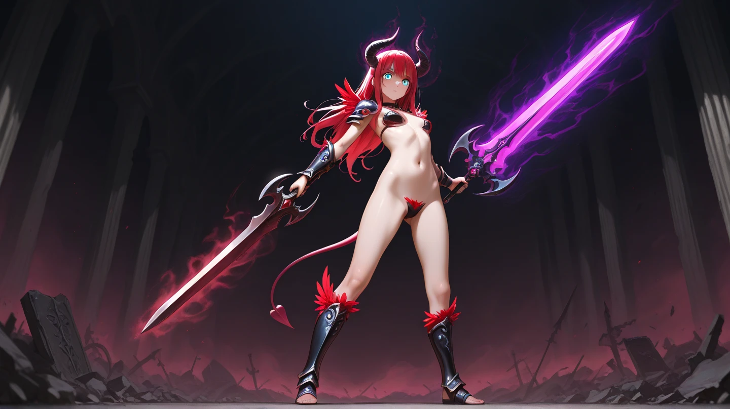 1girl,masterpiece,best quality,ultra detail, close up, smile,YohkoAsagiri,ruins,((13years old)), (((short stature))), swept bangs, ((orange hair high long ponytail:1.3)),green eyes,((tareme)), ((bright red bikini)), full body, ((dynamic pose gripping sword in hand)), ((fighting stance)),((white patent-leather long boots:1.3))