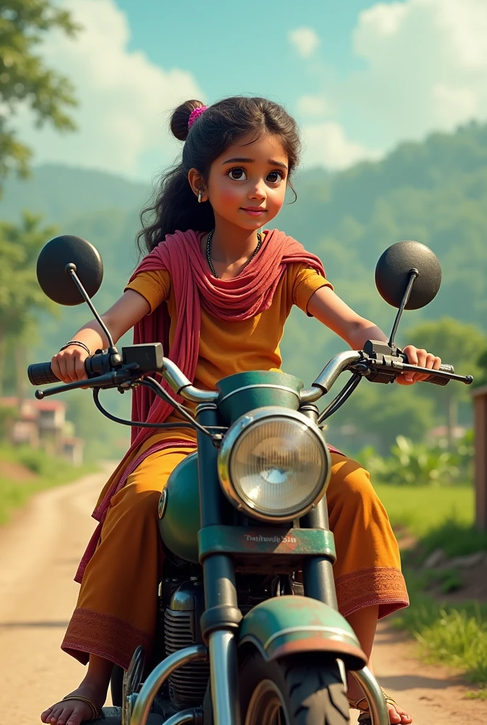Create a vibrant and lively scene featuring a Sri Lankan honet bike adorned with colorful decorations. The is parked on a picturesque street with lush greenery and traditional Sri Lankan architecture in the background. A young girl, dressed in traditional Sri Lankan attire, is joyfully leaning out of the honet bike, smiling and waving. The overall mood of the artwork should be cheerful and energetic, capturing the essence of Sri Lankan culture and the fun of riding a honet bike