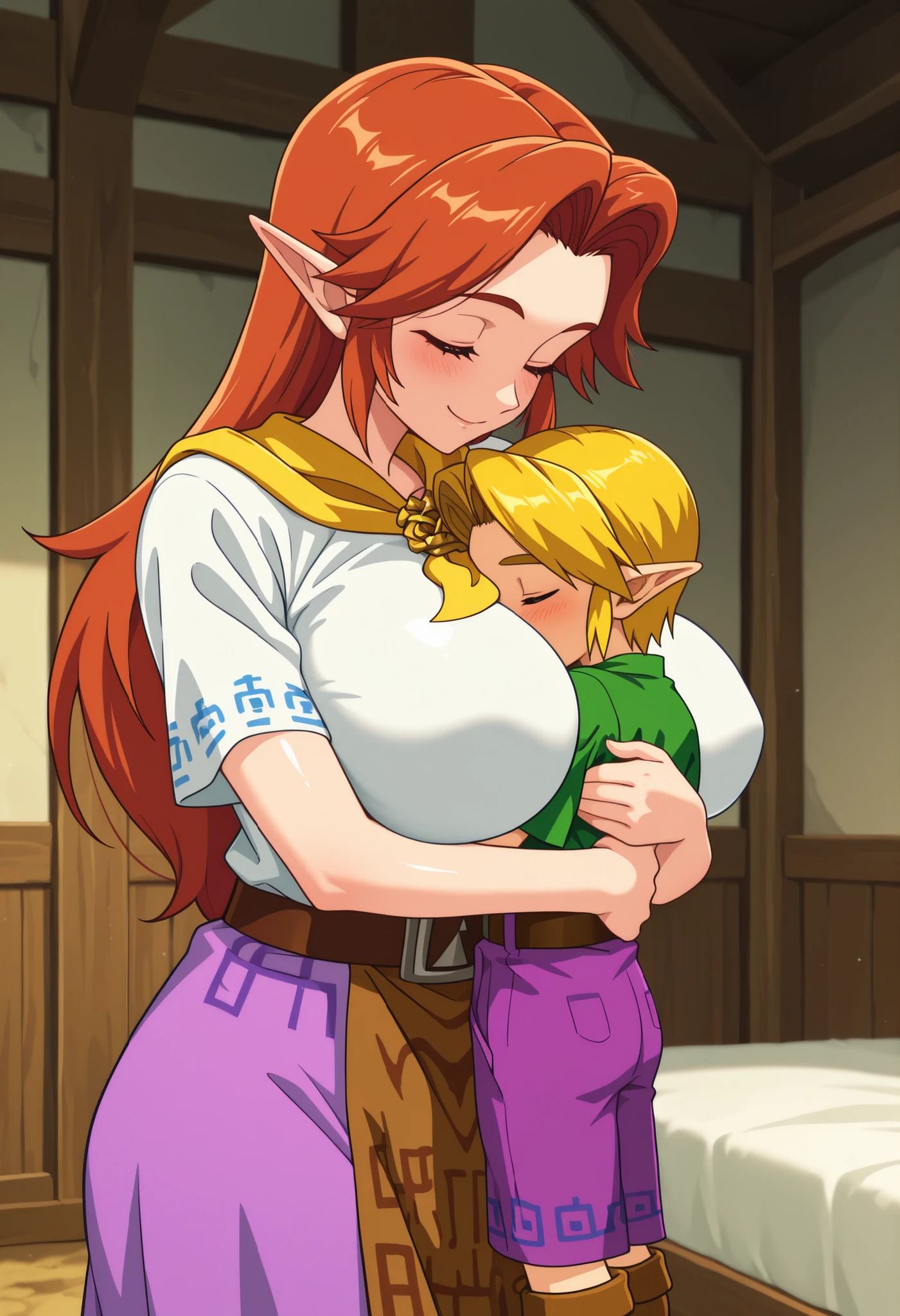 masterpiece, highres, absurdres, amazing quality, best quality, detailed background, 8k, anime screencap, anime coloring,
outdoor, farm
1girl, solo, shiny skin, breast smother, face to breasts, hug, bed room, smile, blush, closed eyes, cowboy shot, dutch angle
yellow neckerchief, gold brooch, white shirt, short sleeves, brown belt, long skirt, purple skirt, brown apron, brown boots
1boy, young link, small boy, boy with blonde hair,
mal0n, auburn hair, long hair, pointy ears, huge breasts,