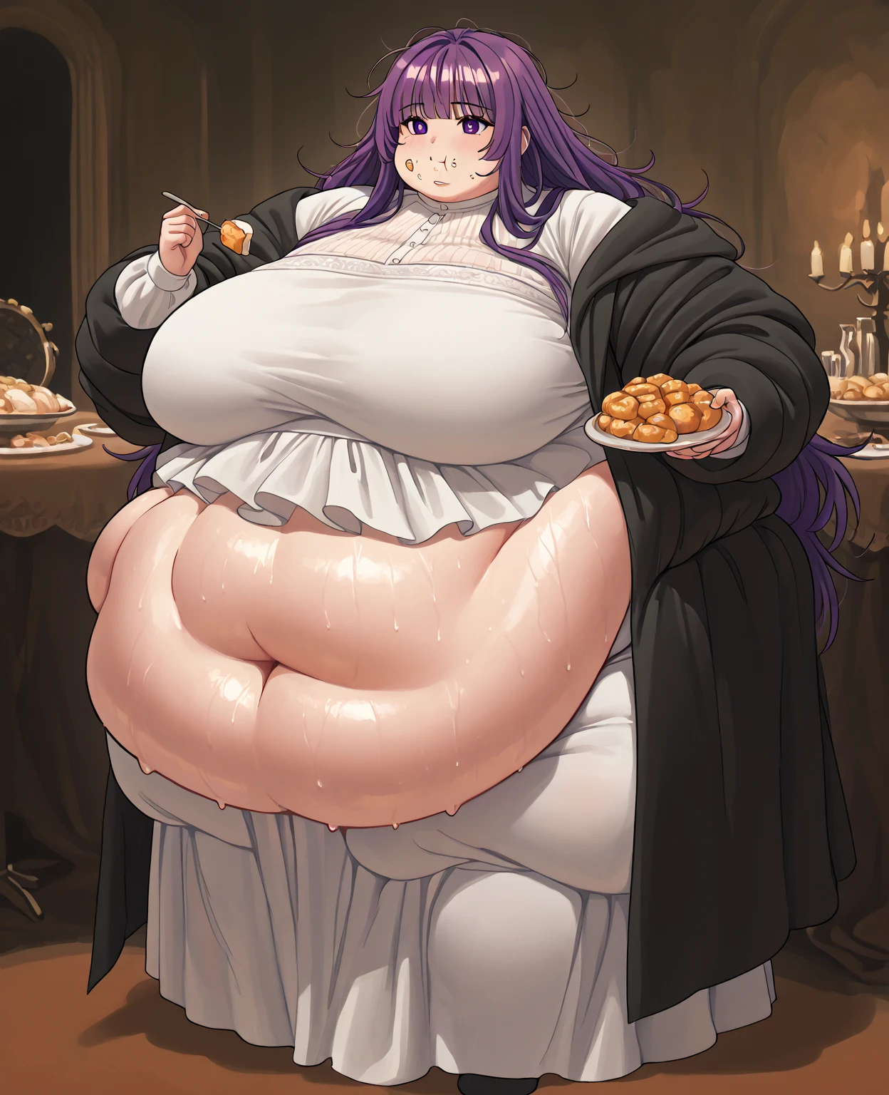 big belly, sitting, pregnant, fat, large stomach, fatty, fat, large belly, standing, fat belly, very fat, large stomach, chubby,very fat, safe for work, obese, giant belly, fat, huge, heavy, very fat, safe for work, fat, large belly, big belly, very fat, large stomach, chubby (best quality, masterpiece), Ishtar fate series, Christmas, wearing sweater, table with food, fat