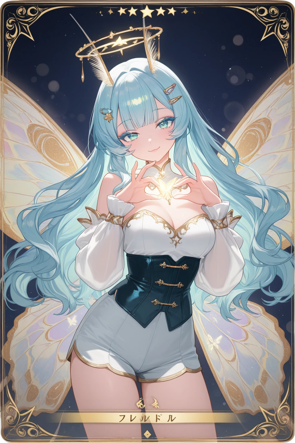 She is the queen of butterflies. She has a pair of rainbow colored butterfly wings. She wears a pale blue summer dress. She has a big bust. Her eyes are rainbow colored. She is kind and gentle, but she seems to be very cold and evil. She has 2 long white ponytails.