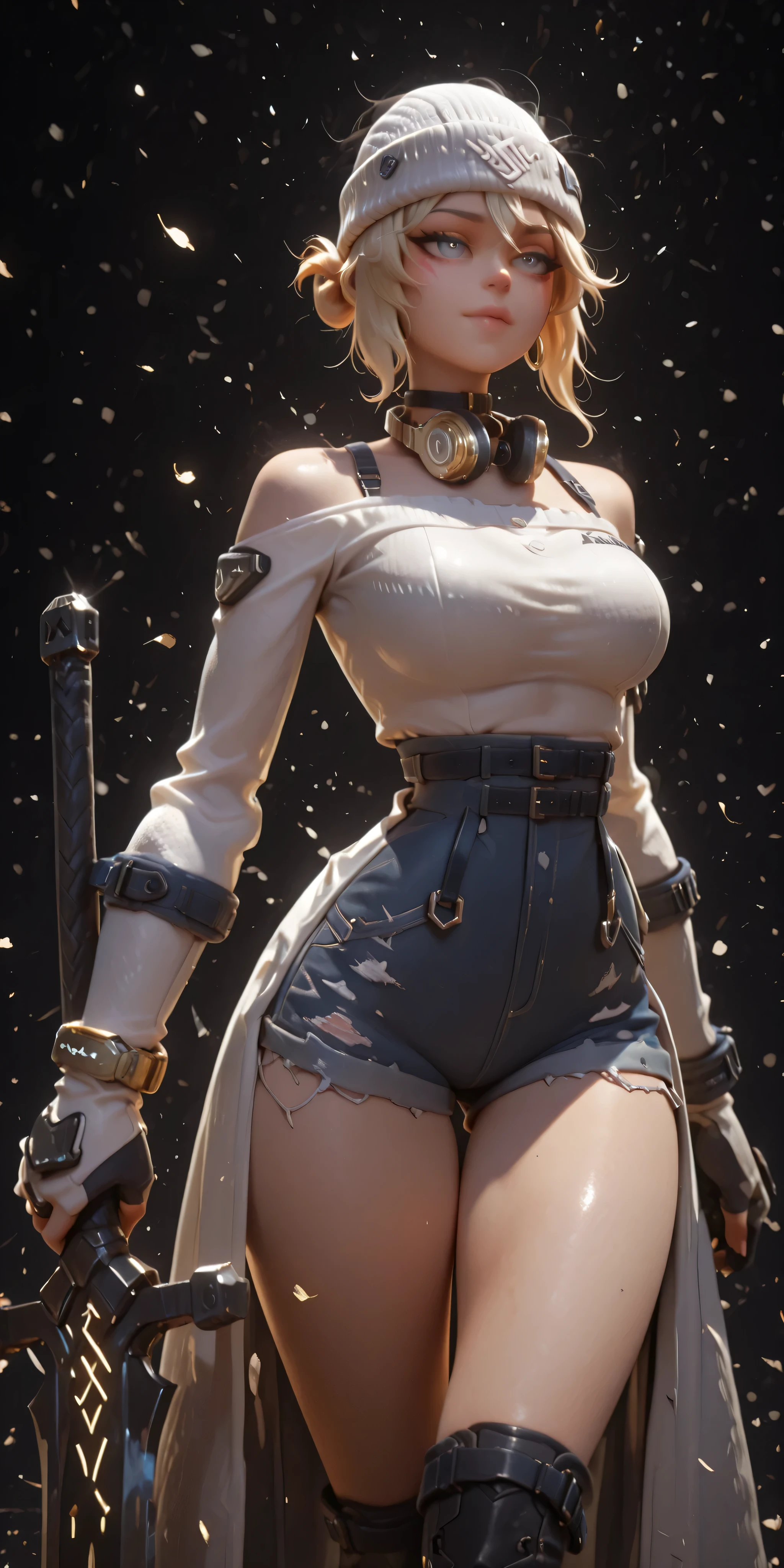 masterpiece , high-res , 2k , best quality , 1 girl , kiriko kpop , beanie , ultra-detailed, alone, a girl, 5'11", tall, light blonde hair with gray tones, blue eyes, sadistic and confident expression, fair skin and youthful curves, white military coat (Dusk in the Arknights style) falling over her shoulders , white military coat with golden medals, wearing a white blouse like Kikiko Lesseraffim's, short blue denim shorts, sensual position, holding two large and huge black swords, looking at the viewer, perfect anatomy, perfect hands, detailed face, detailed eyes, highly detailed hair, Hair with the same design as Kikiko Lesseraffim's hair (but blonde), short hair, face like Kikiko Lesseraffim, silver blue eyes, large breasts, wide hips, big butt, Dusk in the Arknights style coat, coat falling down her arms, exposed shoulders, provocative smile, golden bracelets on her wrists, golden ring tight around her neck, big breasts, big butt, wide hips, thin waist, black gloves, black boots, black background, solo character