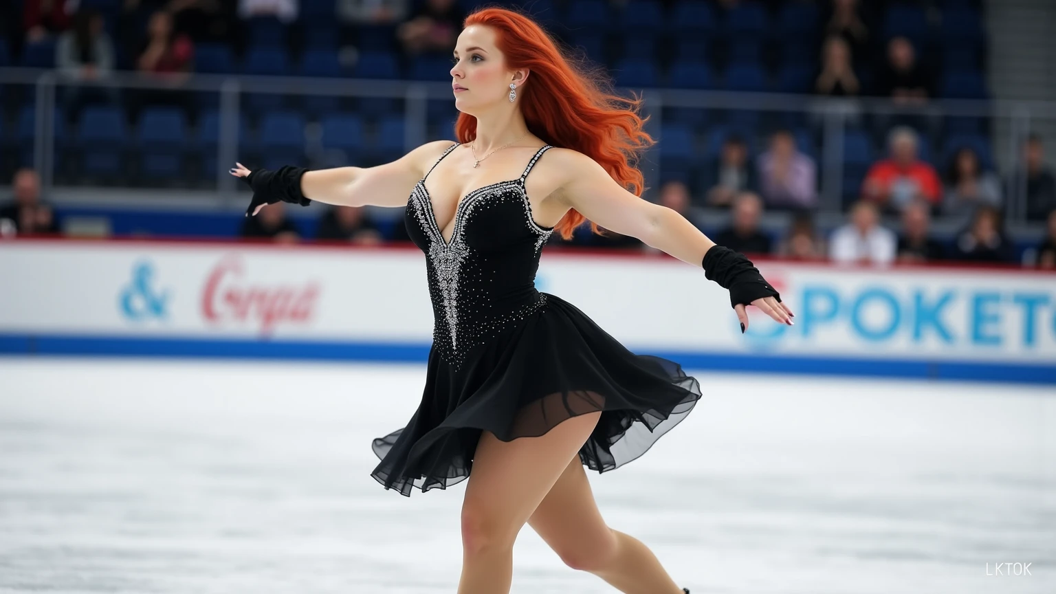 ultra realistic, photography, long red hair, girl, 24 years old, hourglass figure, perfect body, Flirty look, natural breasts, blur background, in a crowded olympic stadium, doing some ice skating, doing skating figures on ice, full body, (full body) (wide shot)