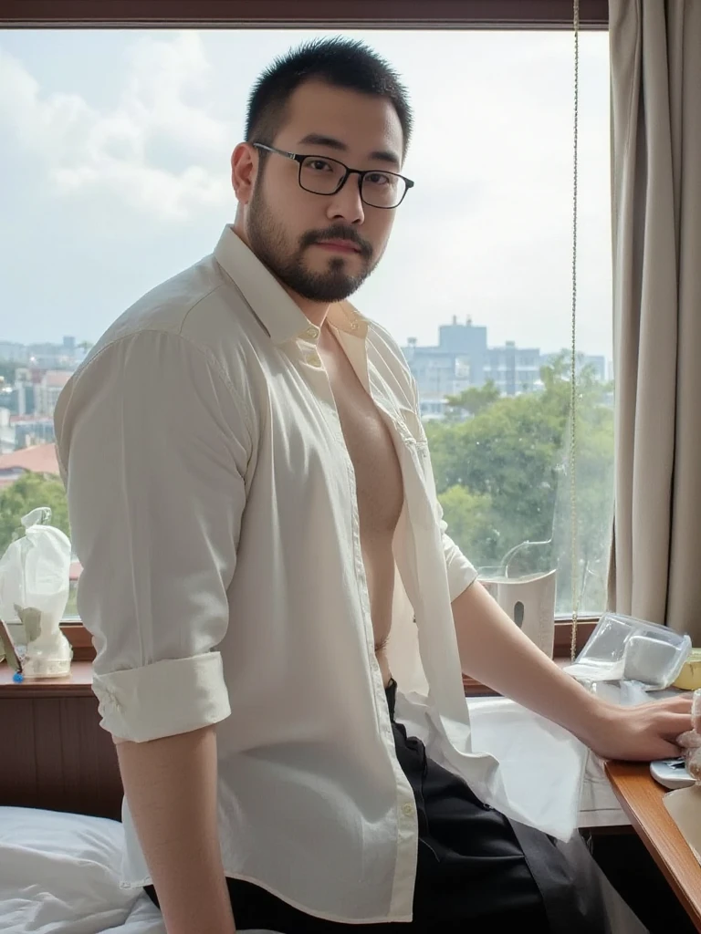 There was a man sitting on the couch，Light blue shirt，Short hair，robust，open shirts，Lu Ji，3 6 years old，is shy，Be red in the face，perspired，Raised sexy
