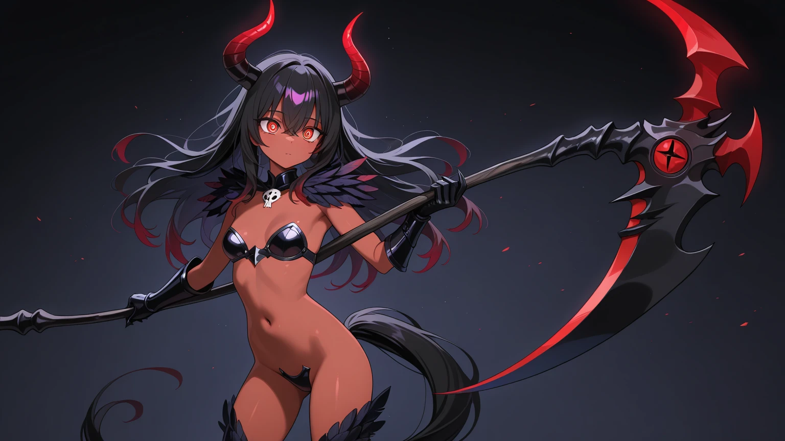 A Female Tiefling with ((Red skin)) demonic red eyes and Black horns and black hair