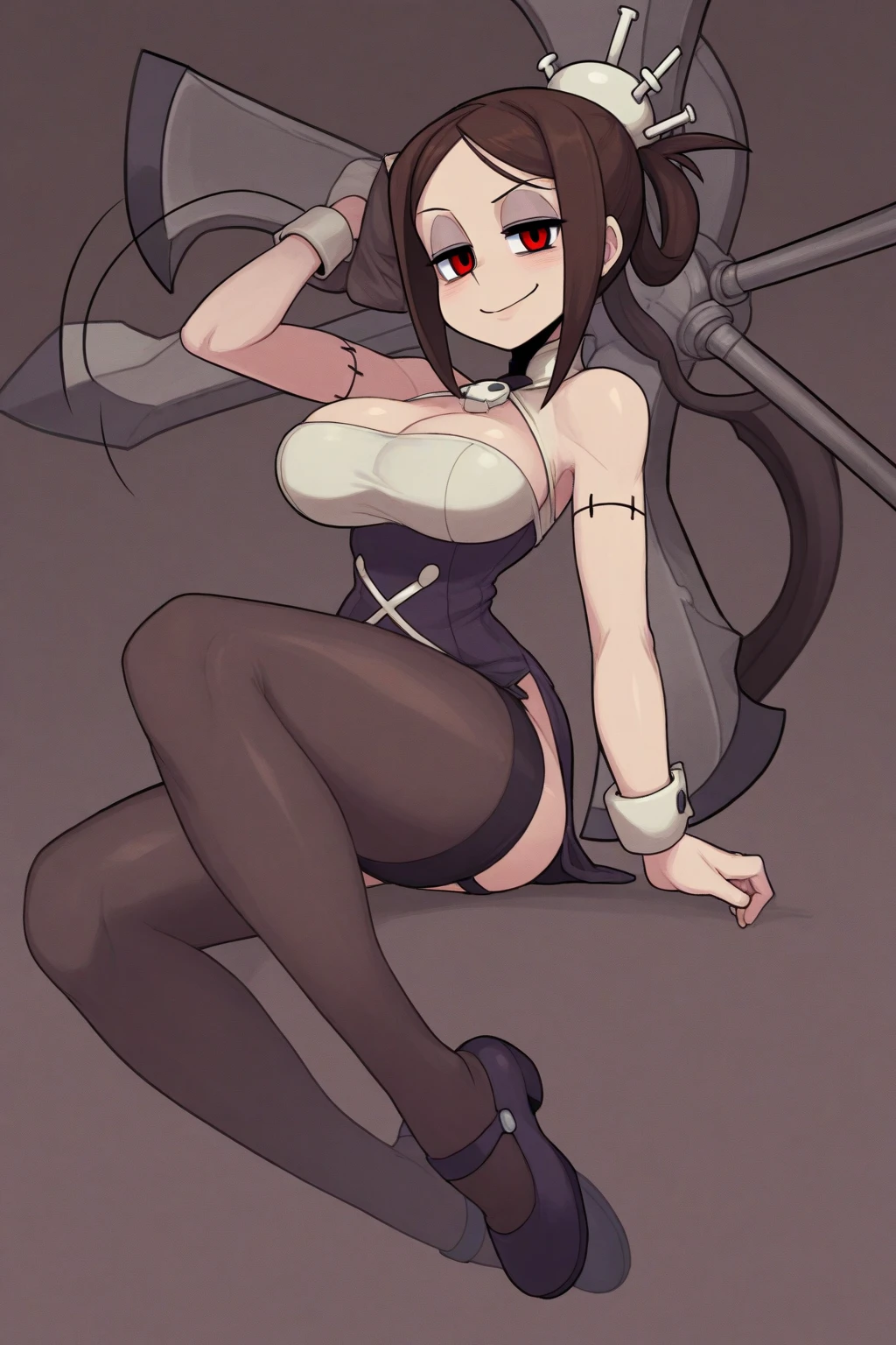 A woman with rabbit ears wearing a black military uniform skirt、cabelos preto e longos、In black stockings、Black long boots、Colossal tits、Beautiful fingertips、Holding a baton、Ecstatic look、no panties,no bra,pussy juice,pussy,vagina,orgasm,Place a finger in the vagina、red blush