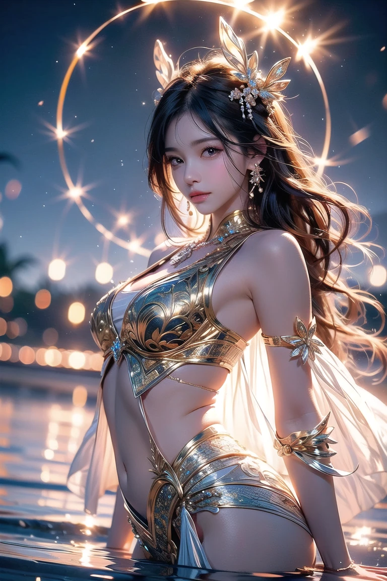 8K, ultra HD, masterpiece,  1 girl, good face, very long hair, spreading hair, Realistic eyes, (small curved breasts), (chocolate dress:1.4), (metallic dress:1.5), (bare waist:1.8),(criss-cross strap), magical lights, night light, (upper body), 