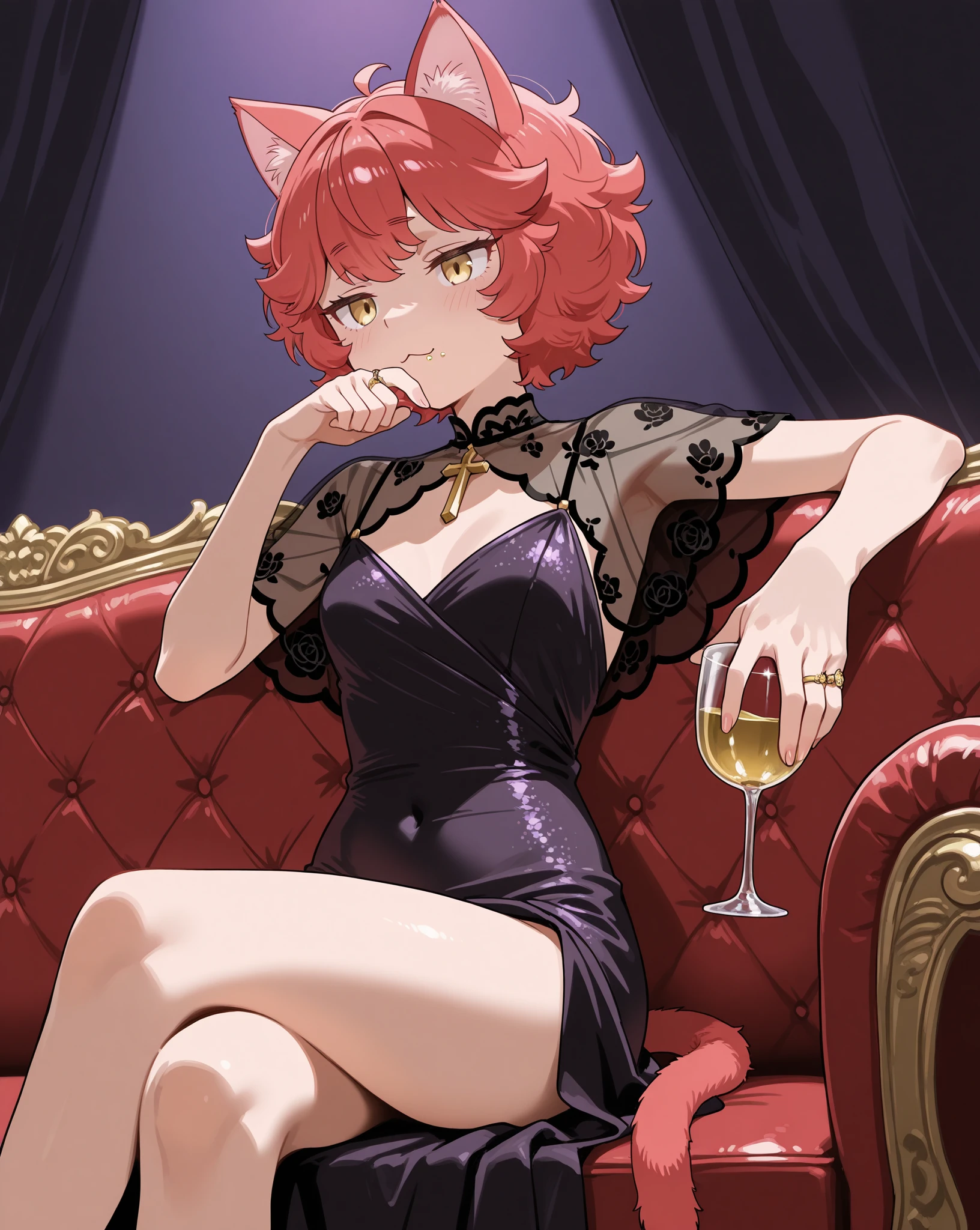 ....... 16 years old, smile Cat girl ( cat ears, shaggy medium length brown hair with one 1 short braid, brown cat tail, yellow eyes, ))))............... Sexy red red dress.... Black black black stockings.... having dinner at a luxurious restaurant overlooking Red Square and the Moscow Kremlin in Moscow
