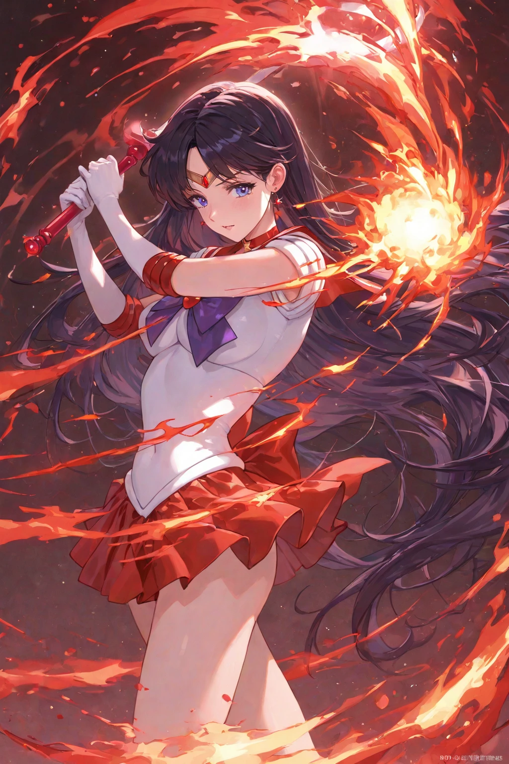 masterpiece, Highest quality, Absurd, Perfect Anatomy, One girl, alone, Mars, Very long hair, Parted bangs, Sailor Warrior Uniforms, Red Sailor Collar, Red Skirt, Elbow hand pockets, Cartoon flames in the background, Stylized Background,Get down on one knee、The uniform is cut up、Crippling、Both hands tied with rope、I have a lot of injuries、engulfed in flames、Continued one-sided attacks、