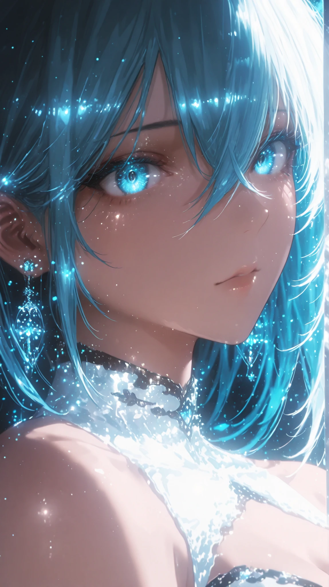 ultra-realistic close-up portrait of a stunningly beautiful adult anime woman, inspired by Vivy from "Vivy: Fluorite Eye's Song", elegant expression, captivating aqua-blue eyes, flowing futuristic hair, cinematic lighting, flawless anime skin, strong presence, goddess-like aura, expressive and emotionally powerful face, high detail, perfect symmetry