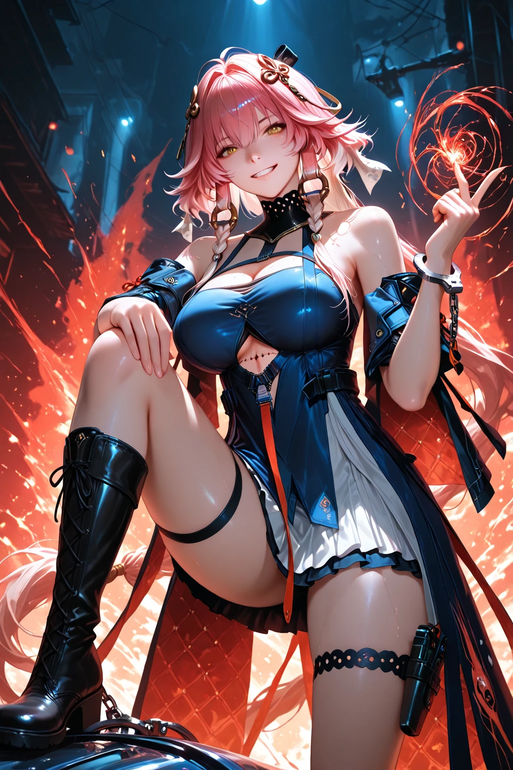 Stunning painting featuring the very beautiful Elsa Jean + venom sider girl with chained wrists, provocative pose, flirtatious expression, tattered unbuttoned shirt black red highly detailed tattered leather mini skirt, perfect ???????, centered, near perfect, dynamic, highly detailed, artstation, concept art, soft and sharp focus, illustration, art by Carne Griffiths and Wadim Kashin, graffiti airbrush techniques, high definition accent lighting, contrasted with vivid paint colors, cinematic, photorealistic, by Boris Vallejo, atmosphere extra space, digital rendering, digital painting, beep, Noah Bradley, Cyril Roland, Ross Tran, trending on artstation