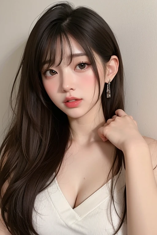 ((Top Quality, 8k, Masterpiece: 1.3)), Beauty, Hide Face, 1 Girl, Beautiful: 1.3, Slender Abs: 1.1, Camisole, Cleavage, ((Full Brown Hair Long)), ((Random Wavy Hairstyle)),  (While Sitting on the Bed), Ultra Detailed Face, Highly Detailed Lips, Detailed Eyes, Double Eyelids, Chocker Necklace,