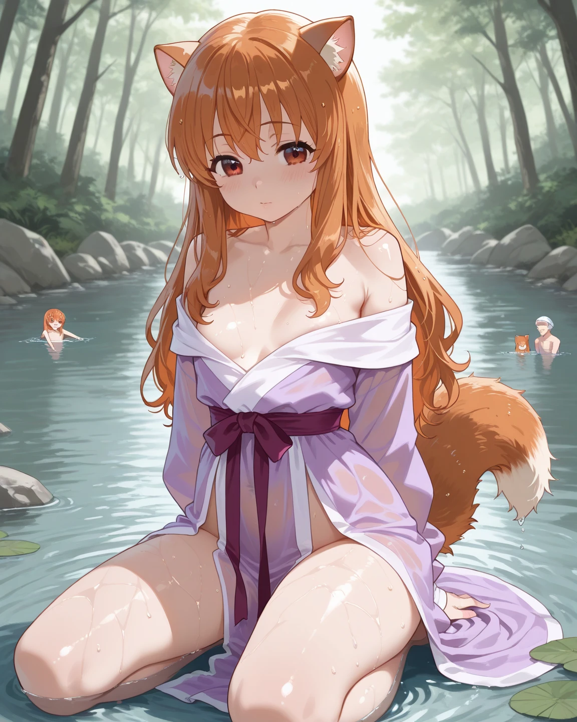 Masterpiece, Best quality, high resolution, 1girll, Solo, Oversized fox tail,Green eyes,(Long brown hair_Sideways French braided hair),Small flower headdress, (27years old,Big breasts wife)_Mature female figure_F Cup,Modern architecture,in Japan_Hot Spring Ryokan,My wife is soaking in the hot springs,Soak your whole body in the hot springs_The water is exposed above the chest,natta_starrysky,