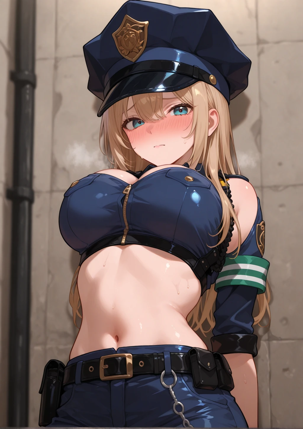 High quality, golden hair, long hair, blue eyes, Big tits, Wear glasses, female police officer, micro bikini, white gloves , long stockings, Slut, in public, 4k