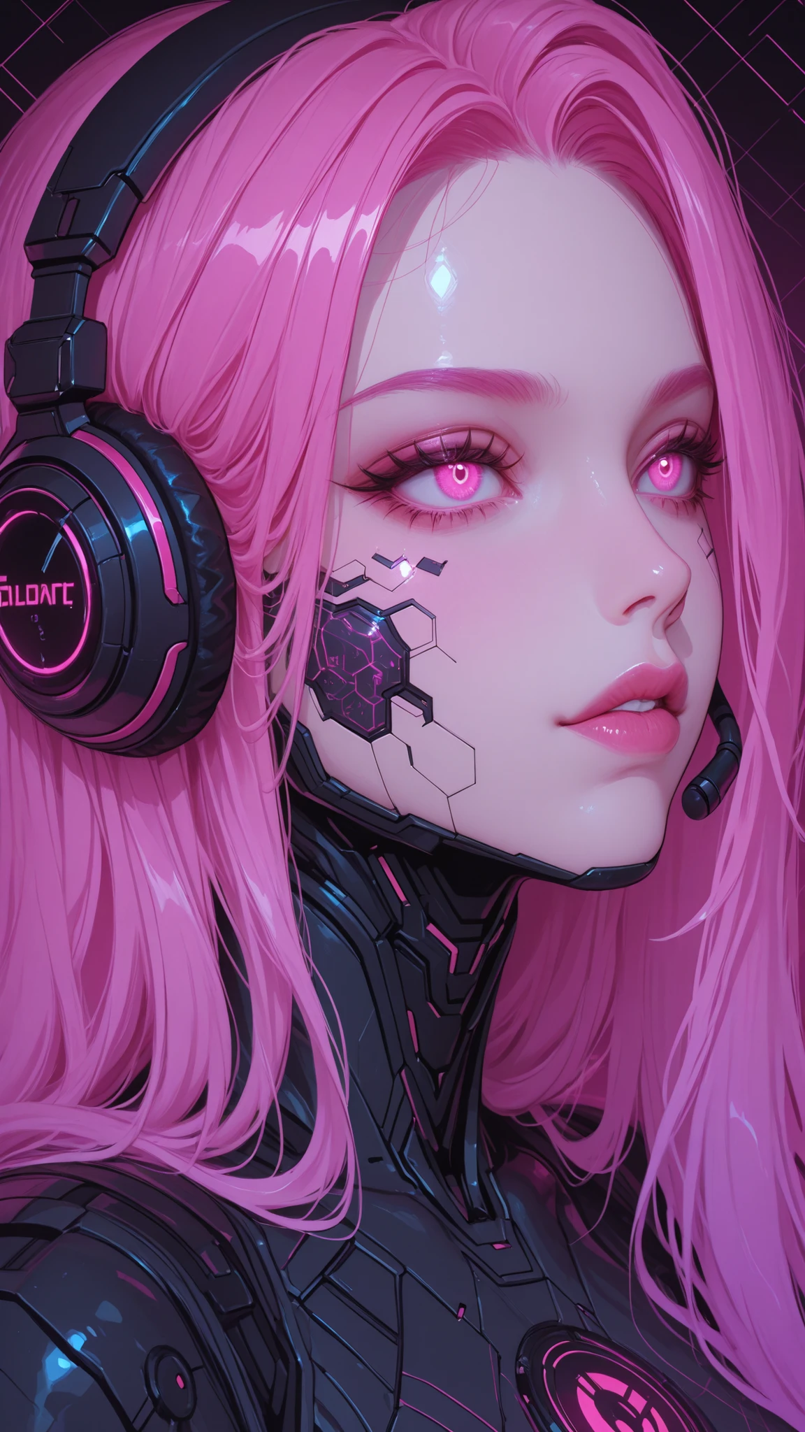 Image is a digital artwork featuring a futuristic, cyberpunk style portrait of a female character. The layout is a close-up profile view, focusing on the right side of her face. She has fair skin and striking, glowing pink eyes that match the neon pink highlights in her long, flowing hair. Her facial features are sharp and defined, with a smooth complexion. She wears a high-tech headset with intricate designs and glowing elements, adding to the sci-fi aesthetic. The headset is predominantly black with pink accents, including a circular emblem with the letters AD inside. There are pink, circuit-like patterns on her skin, enhancing the cybernetic theme. The background is a soft gradient of pink hues, complementing the overall color scheme.