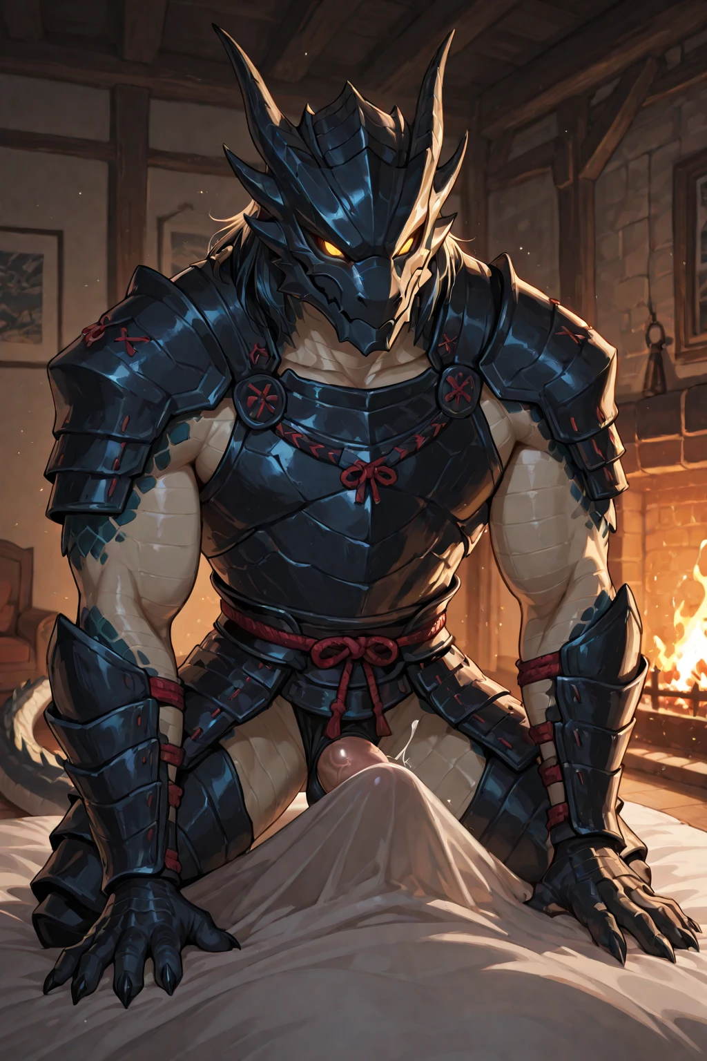 Solo Sexy young anthro scalie dragon male mercenary medieval solider, slim endomorph muscular, anthro handsome gay shorter muzzle, handsome gay model male apperance, sword scars, worn out leather skimpy armament, low on hips heavy leather belt, old very worn out skimpy dirty linen material jockstrap, old yellow dirty worn out stains on white sawn jockstrap, erection of dick, precum cum cum drop,very visible "x" brown seam pattern on the jockstrap, studded skimpy armlets breastplate armor, skimpy breastplate, leather bondages, fingerless leather gloves, smelly unwashed husk, dirty body look, desert battlefield, standing in sexy fighting position, close view of full character