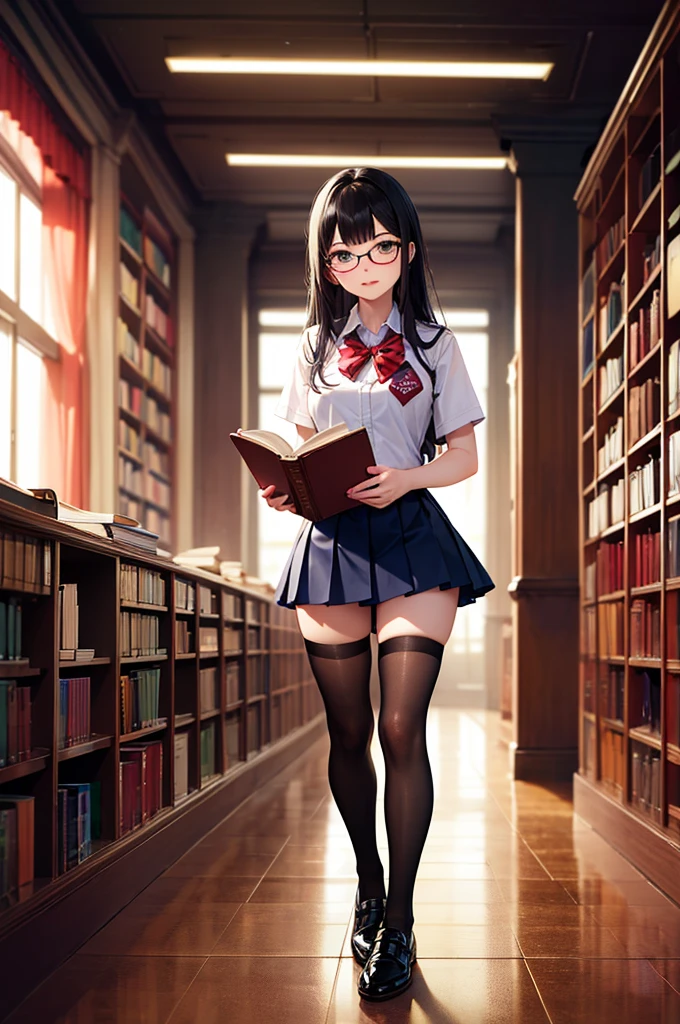 ((highest quality)), ((masterpiece)), (detailed), Perfect Face、Plain girl、Junior high school sophomore、Large Breasts、Glasses、Troubled face、Spread your legs、Spread your、Anus is visible、Library