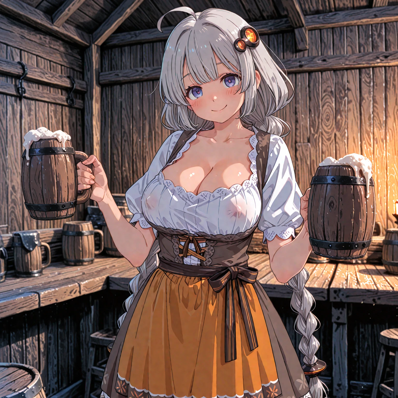 ((topless)), flat chest, barbara_genshin, nsfw, hair braid, white leggings, masterpiece, 1 girl, erect nipples, intricately detailed, erect nipples, pubs, table, crowd, navel, bare shoulders, necklace, beer, tavern, inn, pub, crowd, platinum blonde hair, twintails, embarassed, smiling, extremely detailed, photorealistic, octane render, 8 k, unreal engine, bare breasts, nipples, blue eyes, carrying beer tray, bare stomach, sweaty, people on background, oktoberfest, smiling, moist breath, child, arm strap, small breasts, braid, short hair, hair flower, blush, bare shoulders, white_headwear, hair_ornament, twin drills, white pantyhose, open mouth, peace sign, winking, bare arms, bare elbows, sleeveless, waist pouch, wet