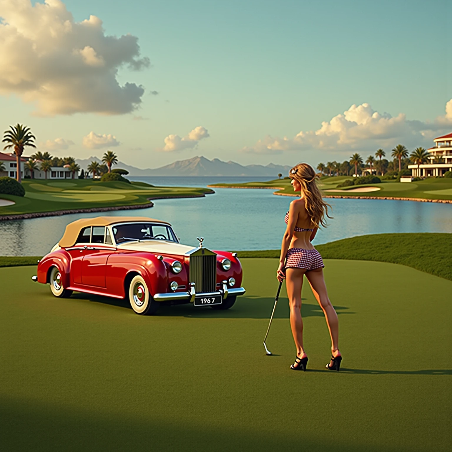 full body, long_hair, blonde head, extremely detailed realistic face, gorgeous, city girl, cleavage, , black lace dress, hot girl, holding a 2:3 canvas art print of golf field, happy, smiling, funny. ivy (masterpiece), best quality, high resolution, extremely detailed, blurred background, depth of field, cinematic lighting, (((accurate female )))