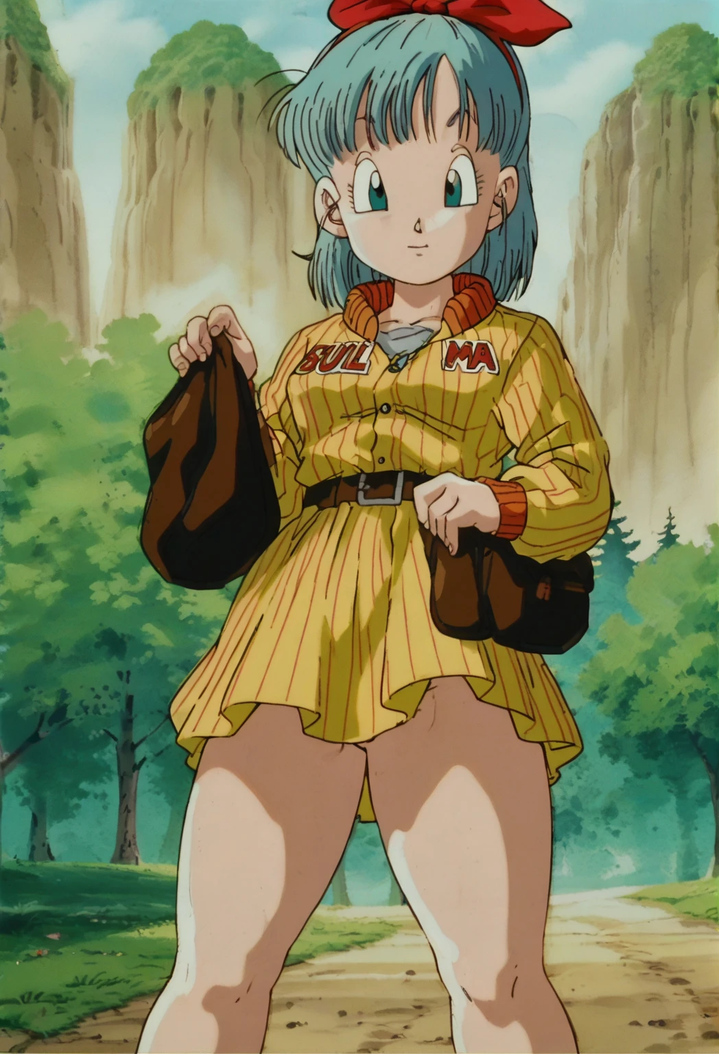 olga pataki, buttjob, blonde, white shirt, black vest, long sleeves, earrings, black headband, retro style, short hair, white thighhighs, smile, green skirt, from behind, penis
