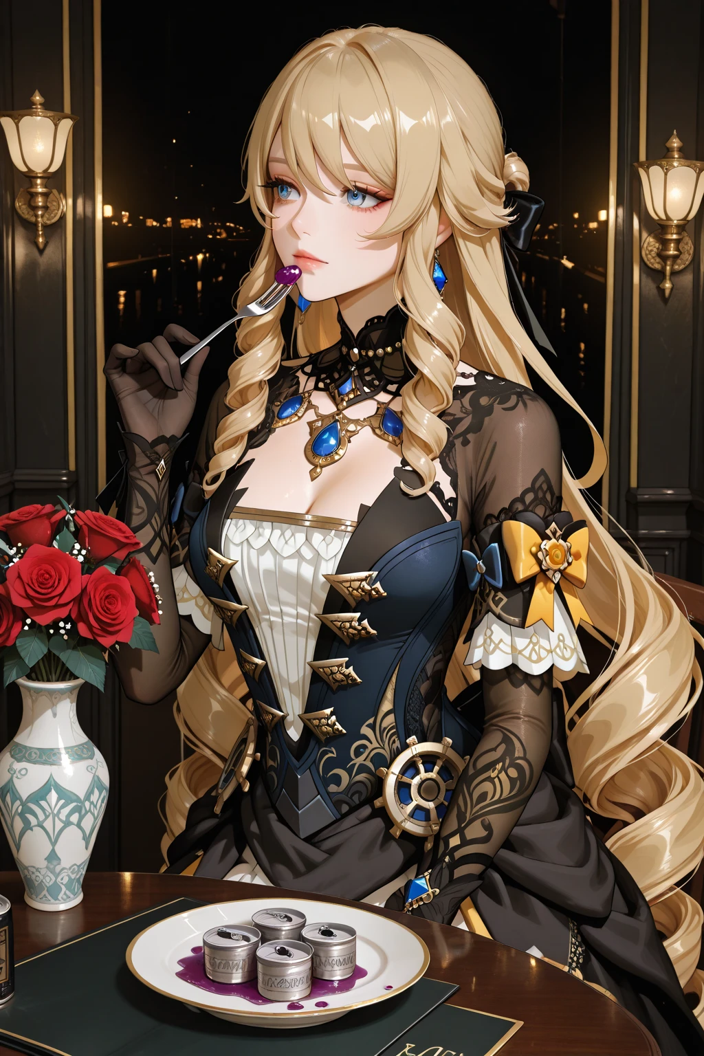 4K, Masterpiece, highres, absurdres, [ballgown|edgMarquise], edgMarquise, blonde Nadia with sunglasses and a choker,  with a edgMarquise_hairstyle, wearing a ballgown <lora:MarquiseGown:0.7>
 <lora:Nadia:0.45>
