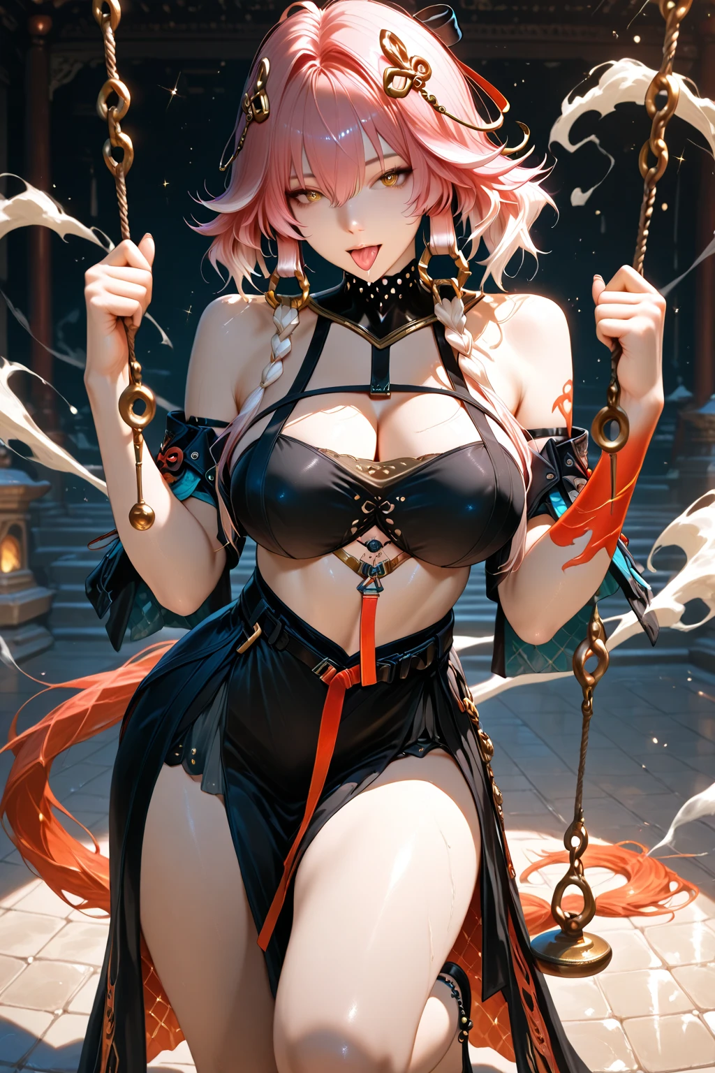 A sexy women cover her nipples with hands wearing 2 golden chain and choker with short pant 