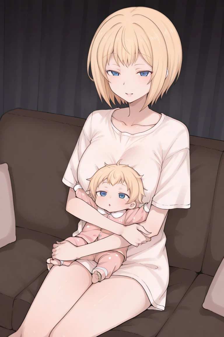 Mother and small boy, blonde short hair, (nudity:1.3), blush nose, sitting, in hospital