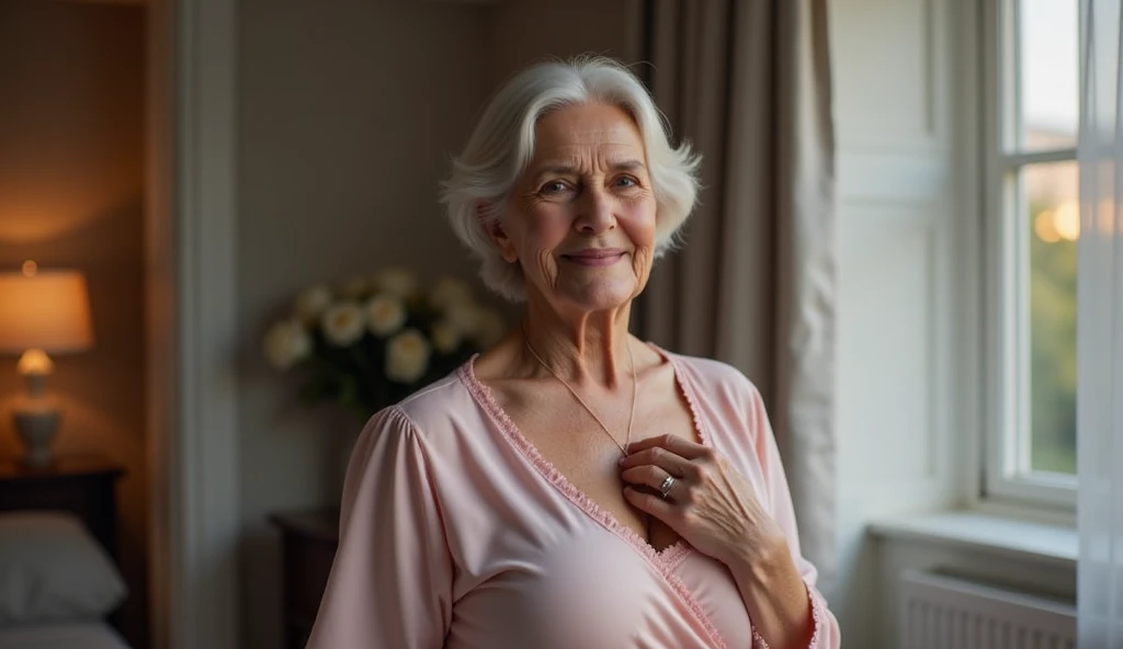 1woman 70 years old, thighs up three-quarter length actor headshot photo, old lady, perfectly coiffed chin length bobbed hair with square bangs, perfectly coiffed golden blonde hair, aging overweight Louise Lasser lookalike, small breasts in a push-up bra, clear and distinct wrinkles and age spots and other signs of aging, lots of wrinkles and liver spots on her breasts, chest, face, neck, heavy crows feet, frown lines, she has lots of distinct dark freckles on her small breasts and chest, Regarder camera, dark blue eyes, Joaillerie, corps entier, entier, Collier, nez, chandail, minora, ultra-Realistic, nez, Rue de nuit, happy smile, large extra white cosmetic enhanced teeth, extra tight fitting baby cardigan sweater over a white scoop-neck t-shirt, tight gray flannel hip hugger slacks, exposed midriff and navel, round aging tummy, black pointy leather high heeled boots, f/5.6, empty office space converted to photo studio is out of focus in the distant background with dramatic 2 light down spot light effect of light and shadow on the walls and floor, old office sashed windows visible and out of focus in the background,